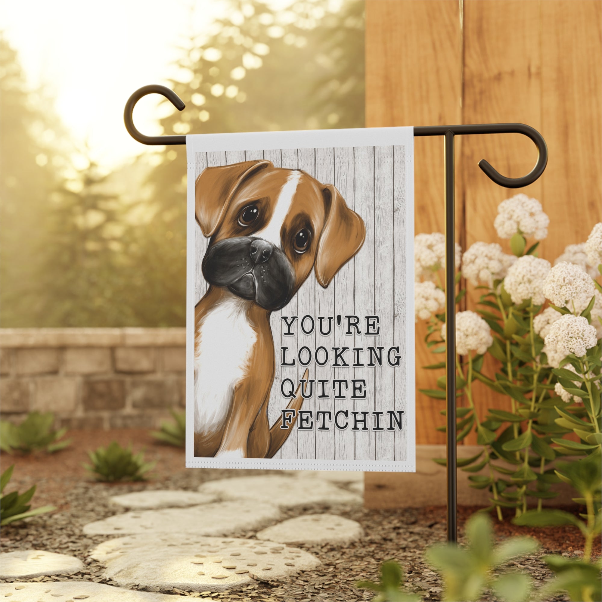 Boxer dog watercolor garden flag displayed outdoors on a porch flag stand