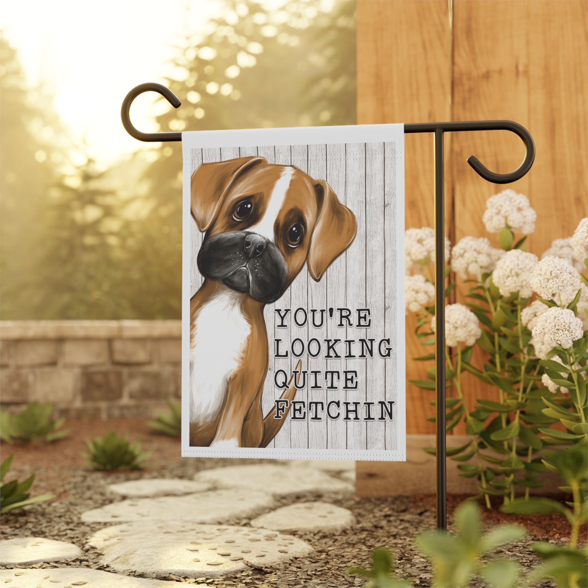 Boxer dog watercolor garden flag displayed outdoors on a porch flag stand