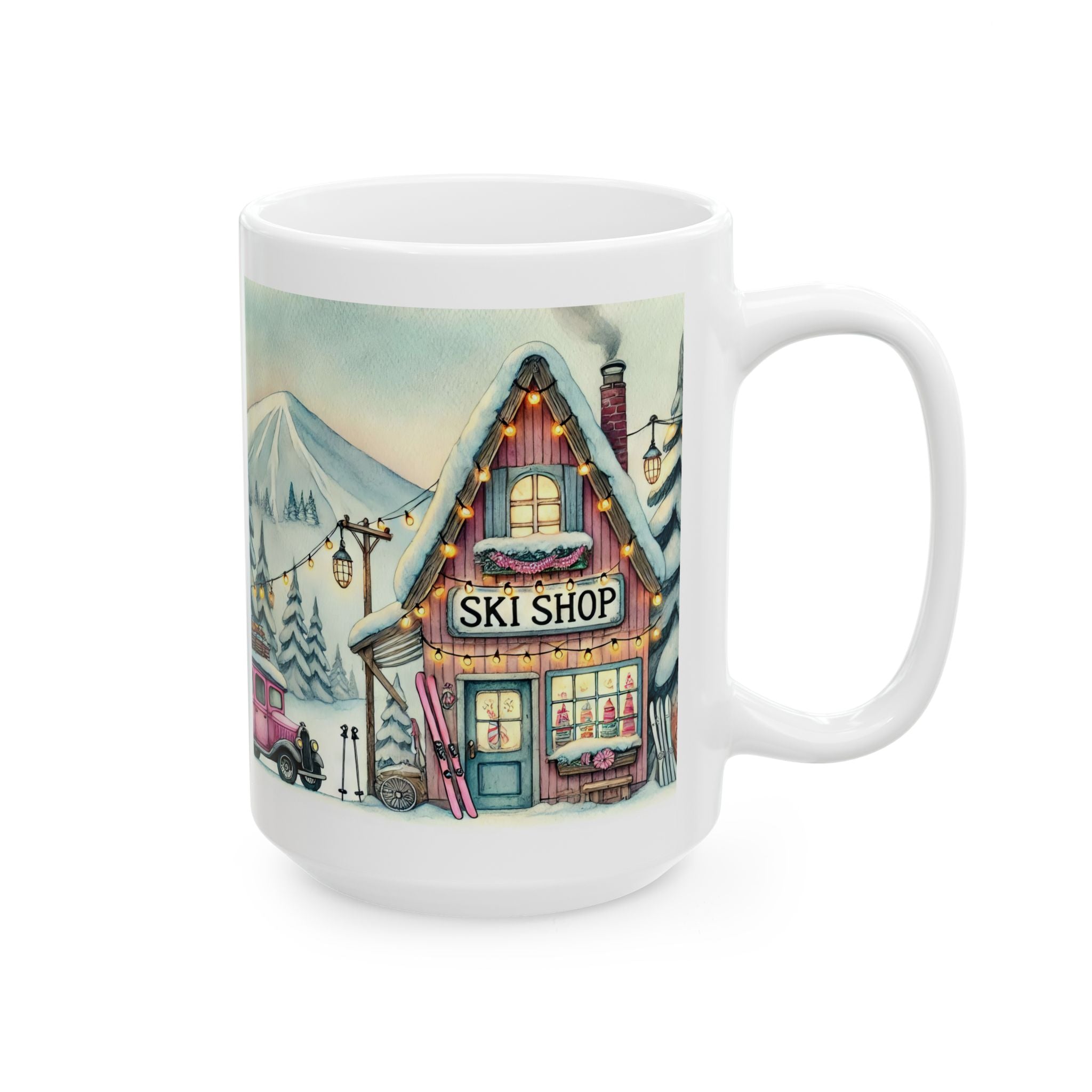 Cozy Holiday Snowy Vintage Ski Shop Winter Village Ceramic Mug  (11oz/15oz)
