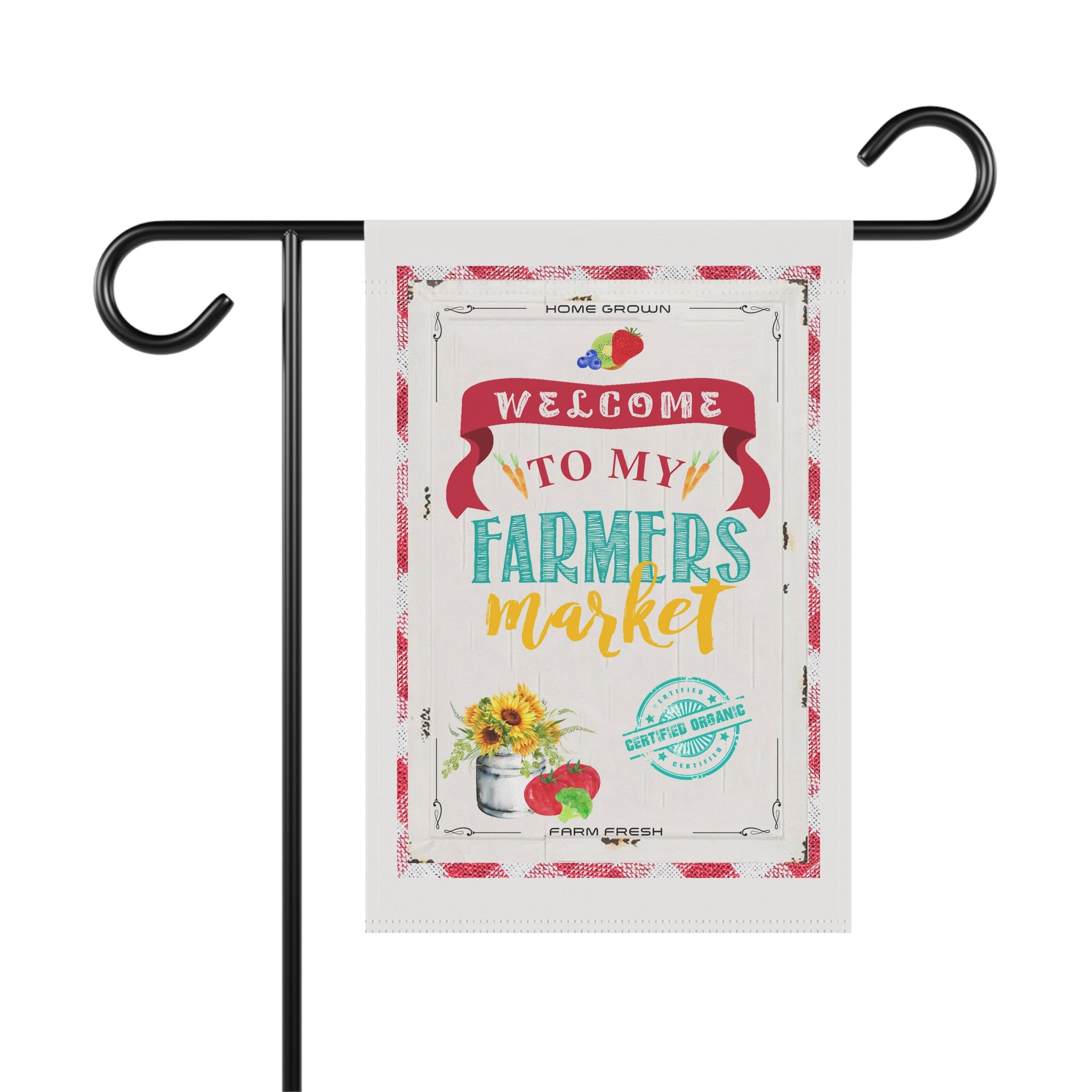 Farmers Market garden flag with sunflowers and fresh vegetables in cottagecore style