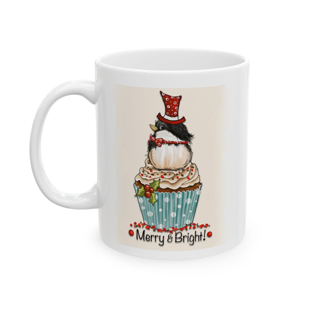 Merry and Bright - Cute Bird Cupcake Christmas Mug Drinkware Design (11oz, 15oz)