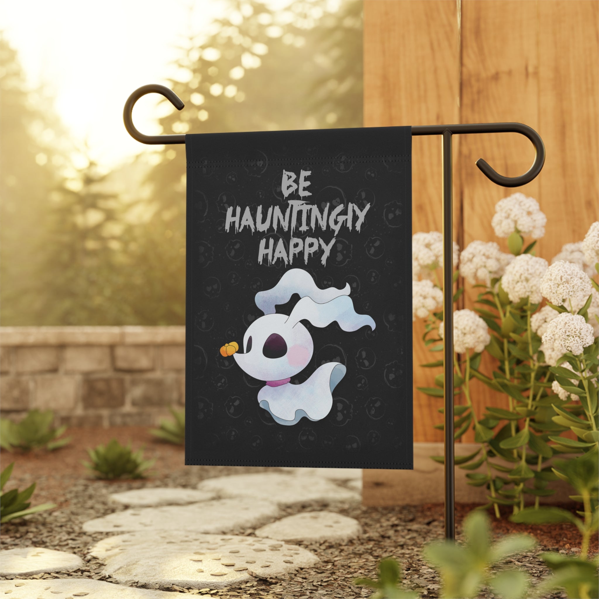 Spooky-cute ghost dog garden flag displayed outdoors on a porch flag stand