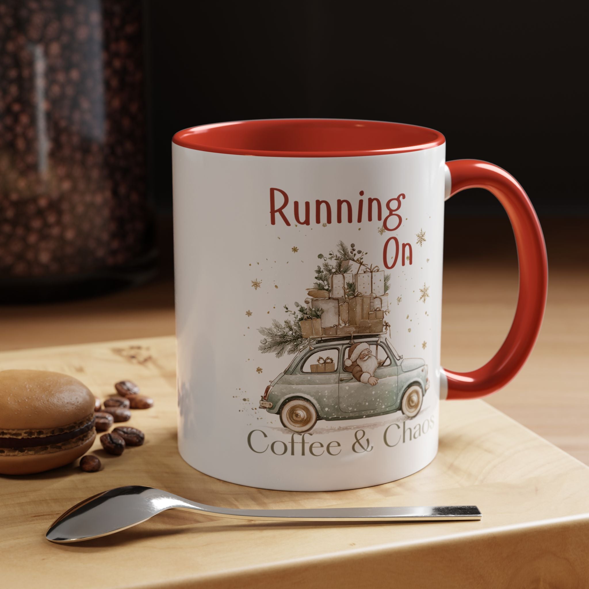 "Running On Coffee & Chaos" Vintage Christmas Holiday Vibe Mug