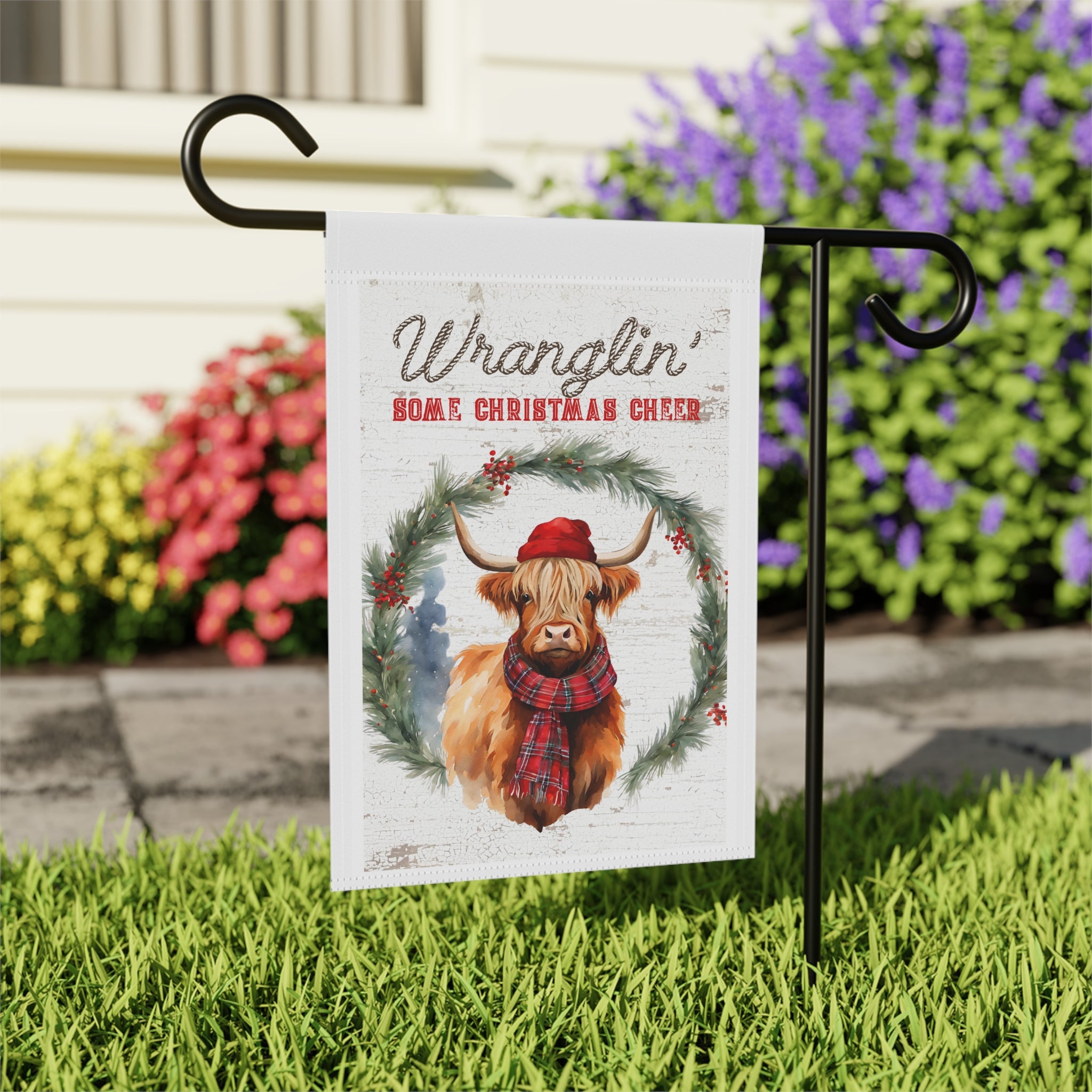 Wranglin' Some Christmas Cheer Highland Cow Garden Flag 12x18 House Yard Decor