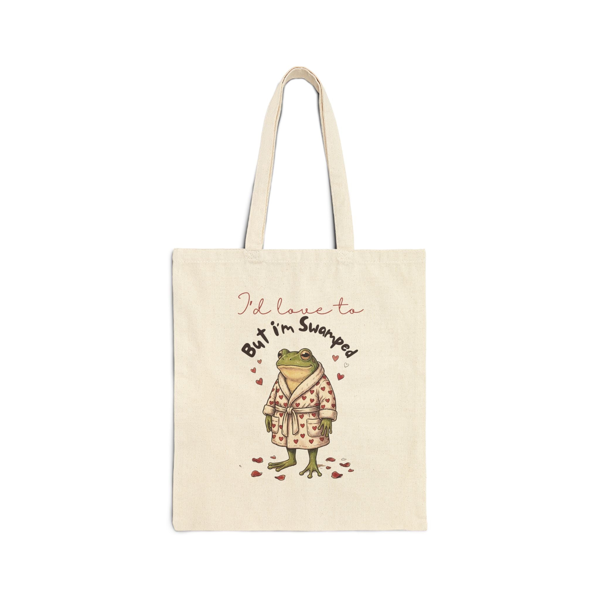 Tote bag with a frog in a robe and text on a white background