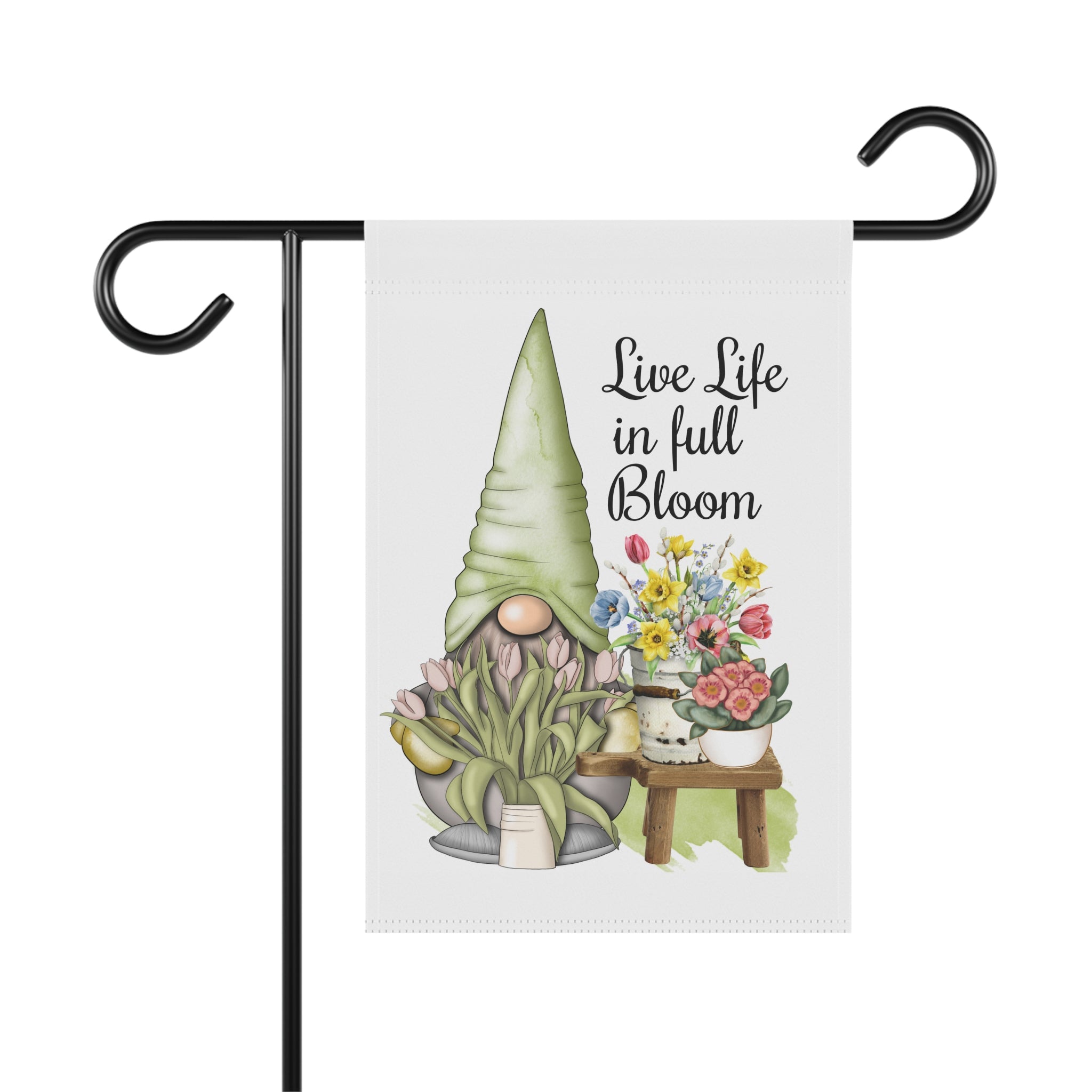 Live Life in Full Bloom floral gnome garden flag with cottagecore charm