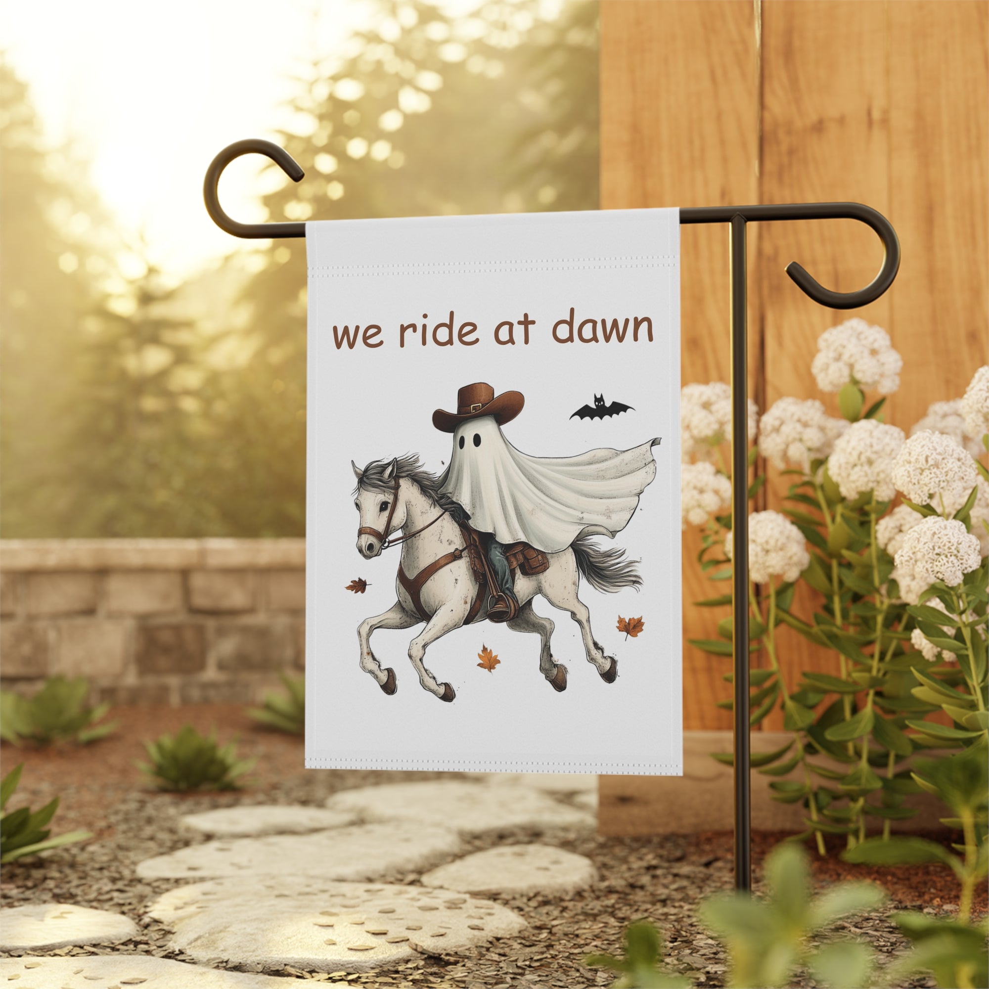 We Ride At Dawn Ghost Cowboy Garden Flag 12x18 – Funny Scary Yard Decor