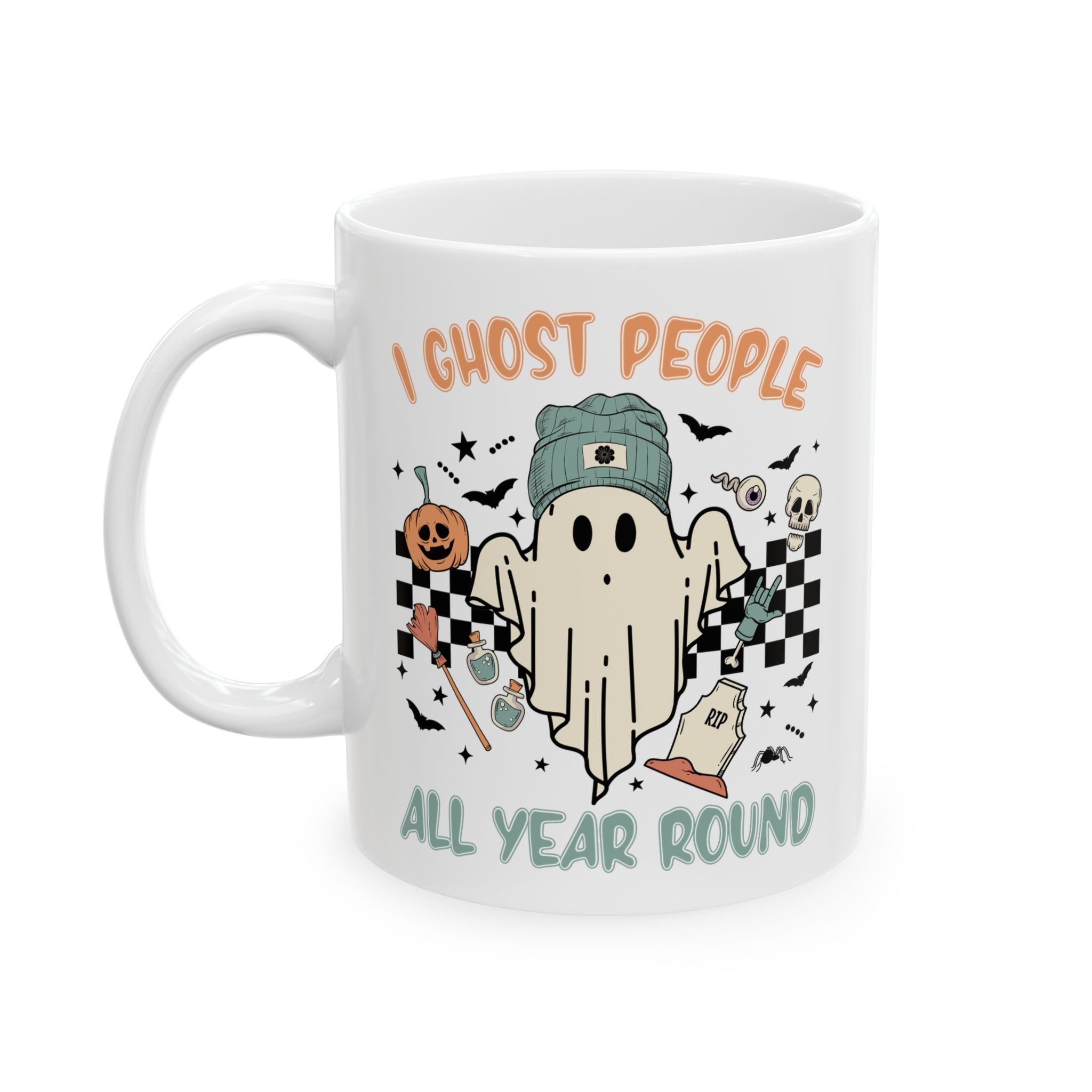 I Ghost People All Year Round – Funny Retro Halloween Coffee Mug (11oz, 15oz)