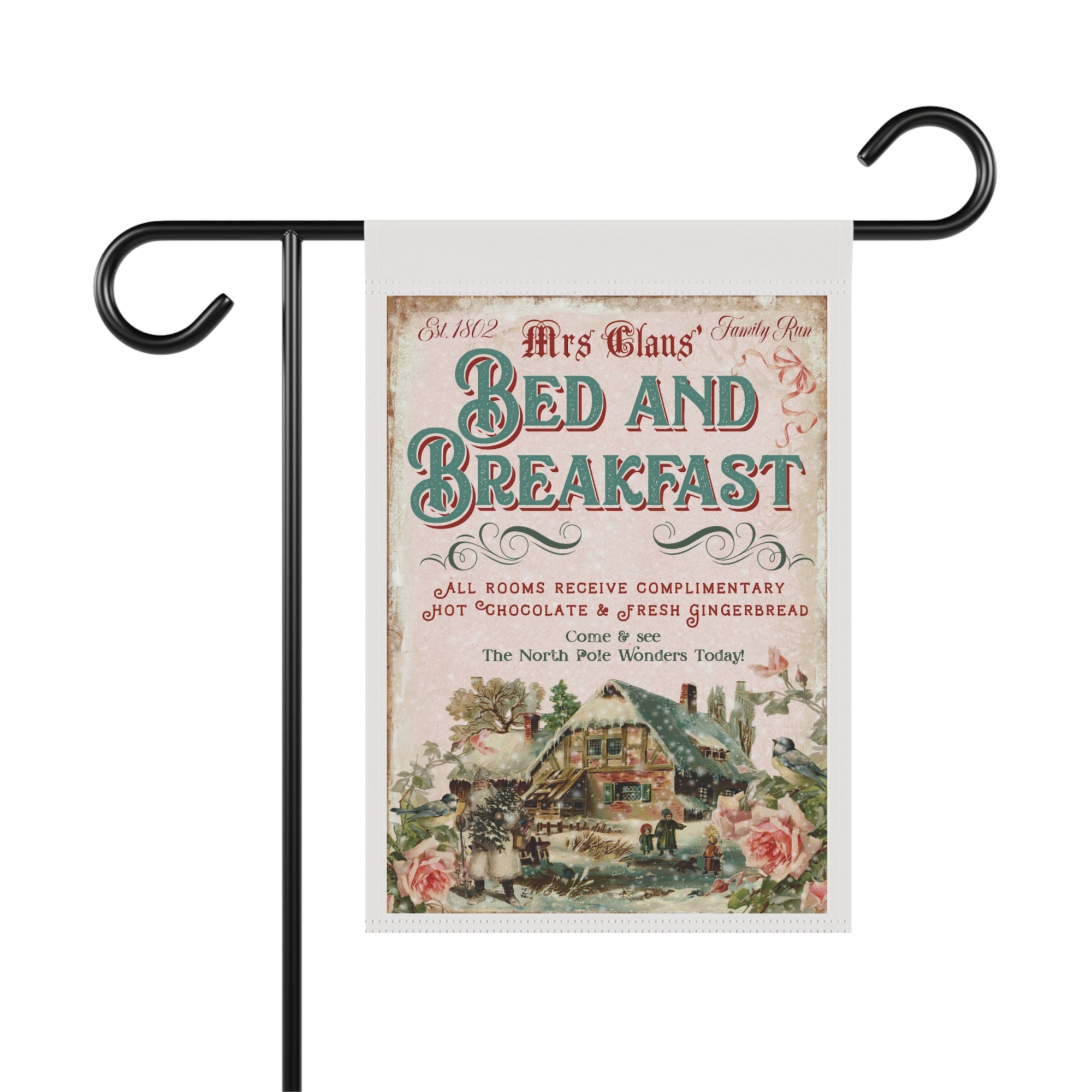 Vintage Mrs Claus Bed and Breakfast pink floral Christmas garden flag, 12x18 winter yard decor