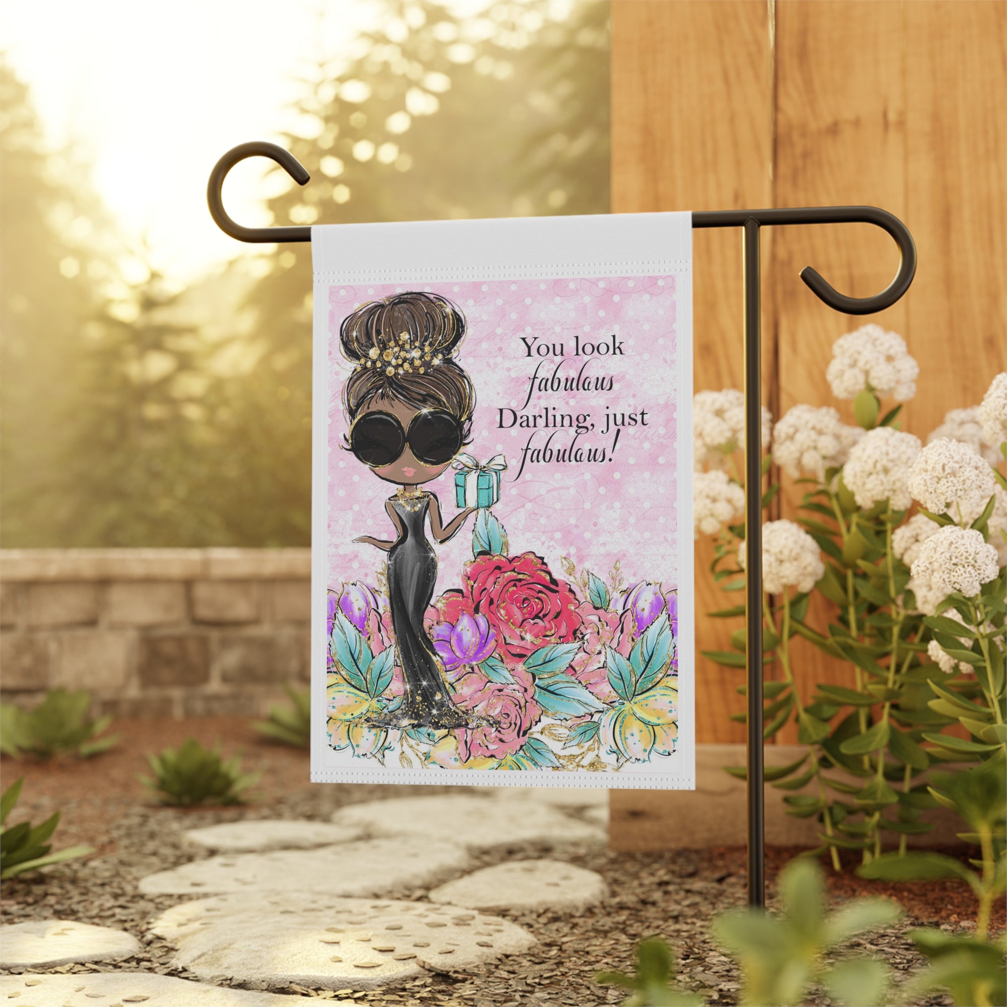 Fabulous Darling Vintage Fashion Girl Garden Flag 12x18 – Watercolor Blue Box Yard Decor