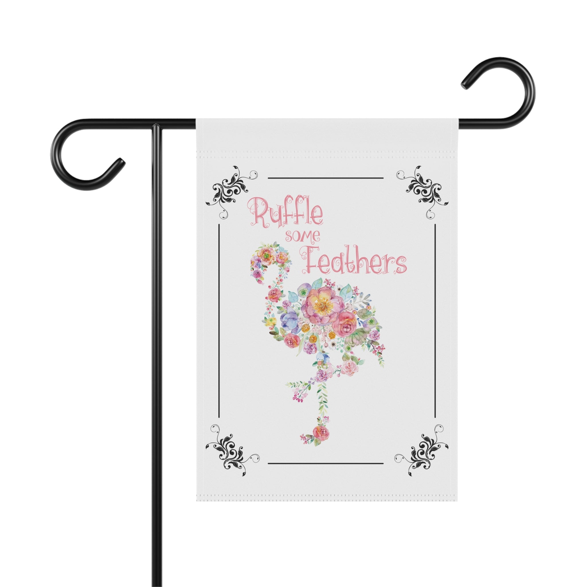 Ruffle Some Feathers pink flamingo garden flag with tropical floral design