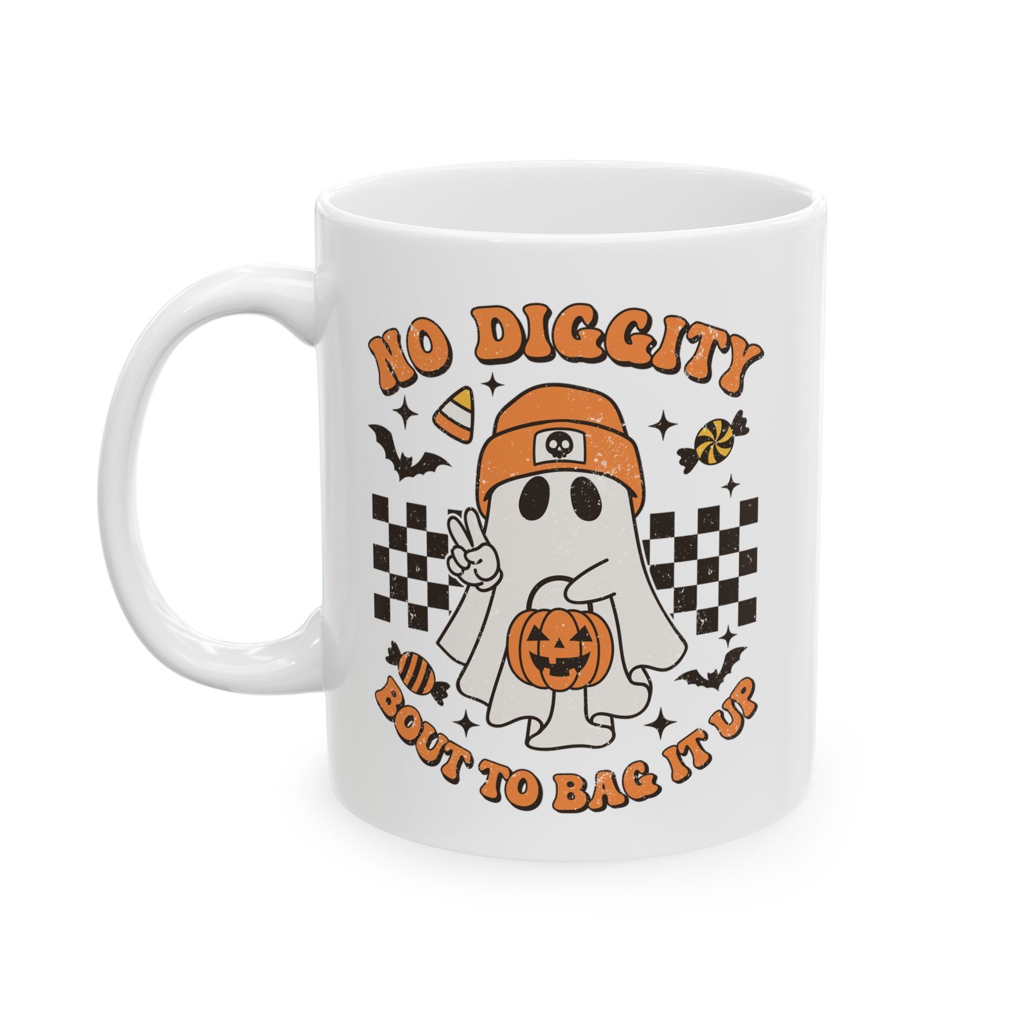 No Diggity, Bout To Bag It Up – Funny Retro Ghost Halloween Coffee Mug (11oz, 15oz)