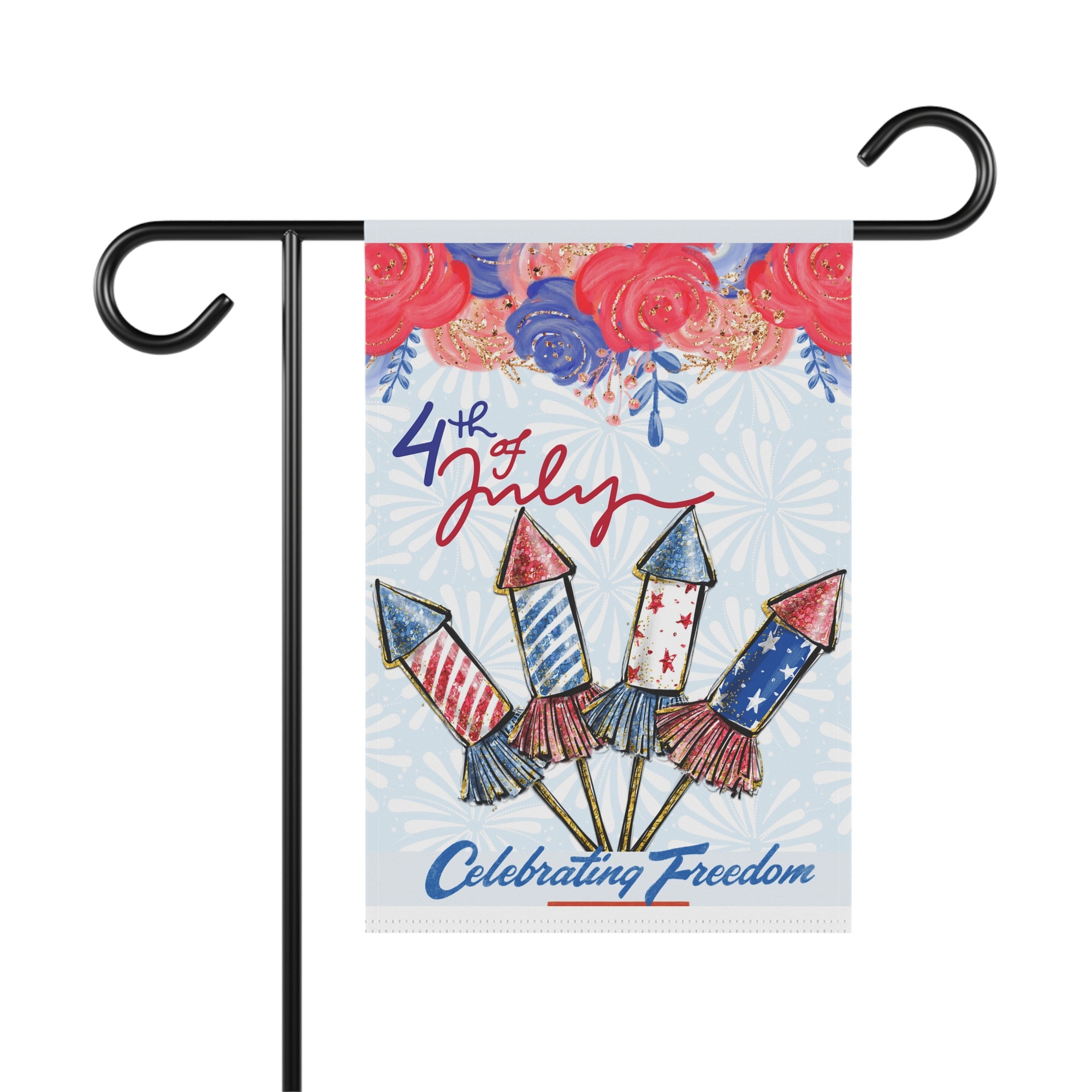 Fireworks and watercolor florals 4th of July garden flag in patriotic red, white, and blue