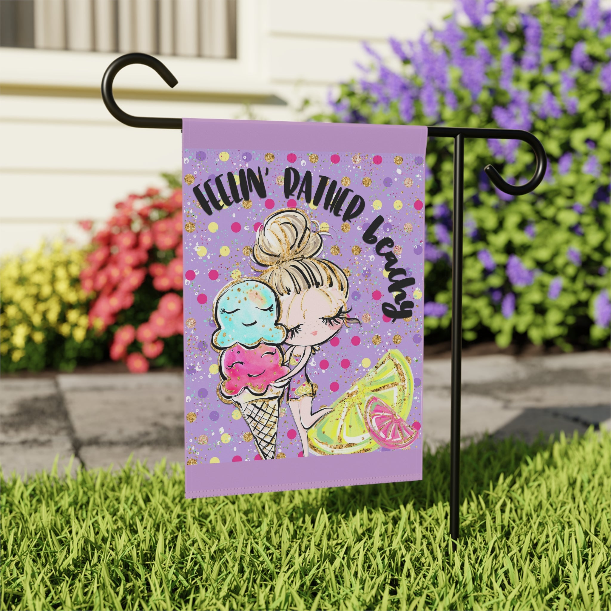Close-up of Feelin' Rather Beachy garden flag with sparkle design detail