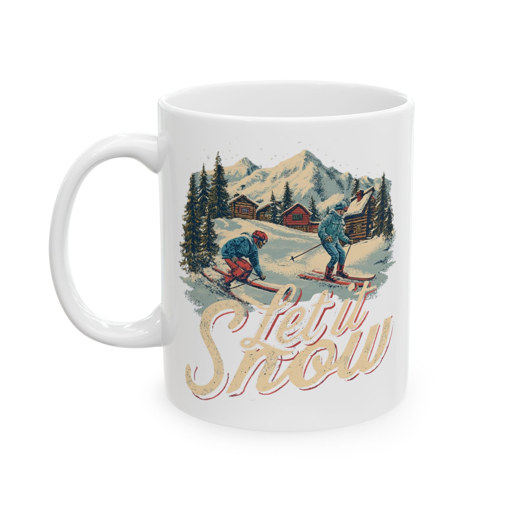 White mug with a winter scene and 'Let it Snow' text on a white background