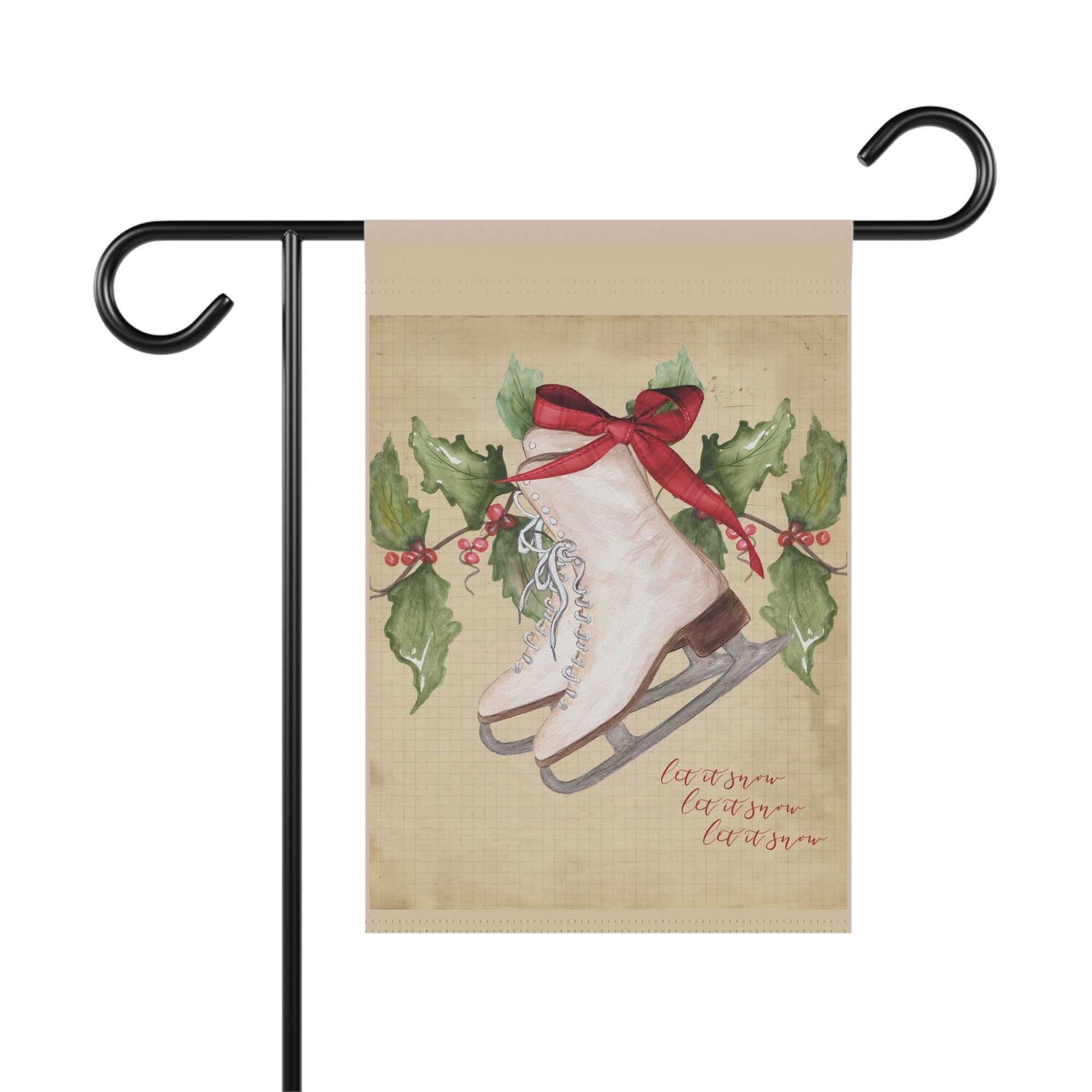 Let It Snow vintage ice skates with holly berries and birds Christmas garden flag, 12x18 winter yard decor