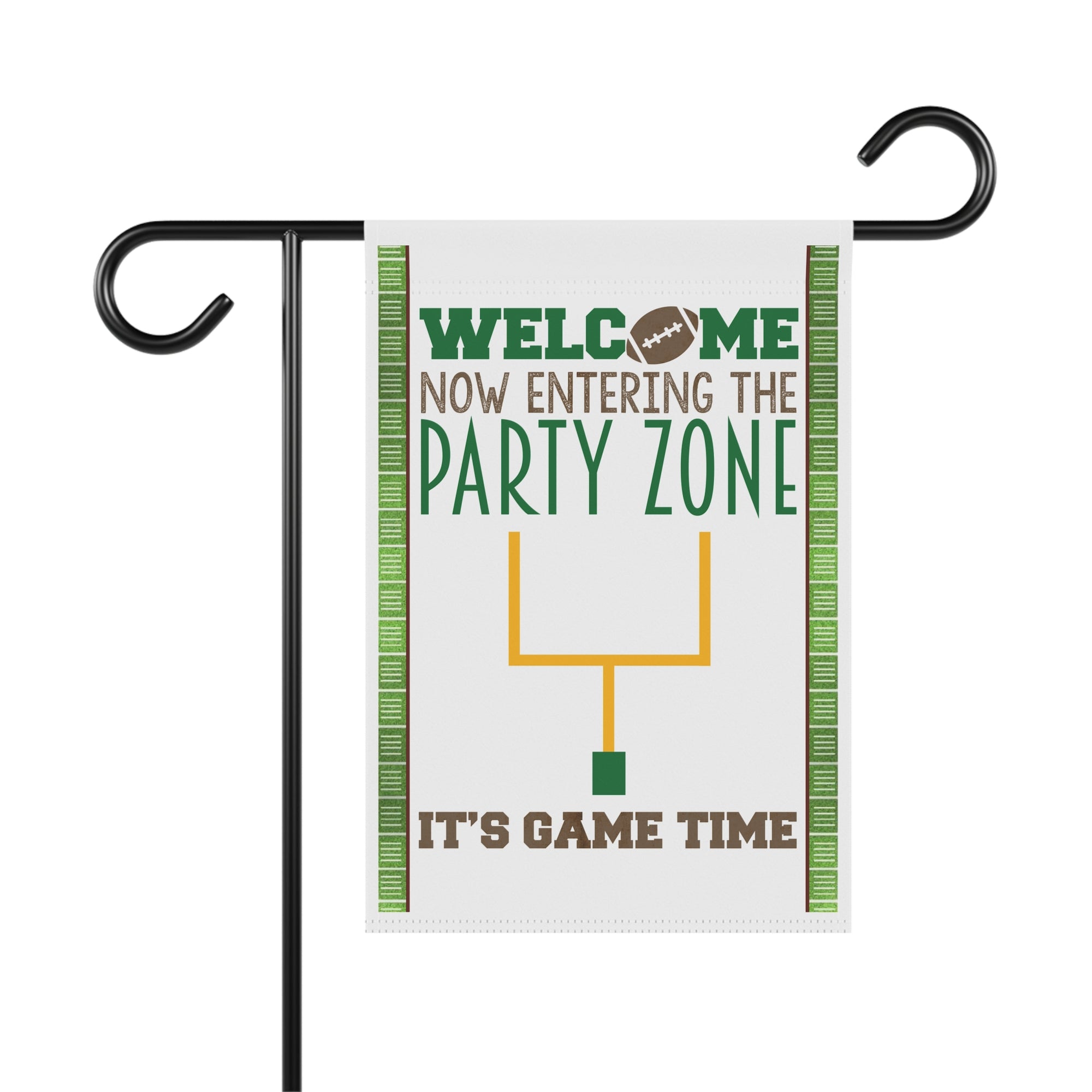 Game Time Party Zone football garden flag with bold tailgate typography