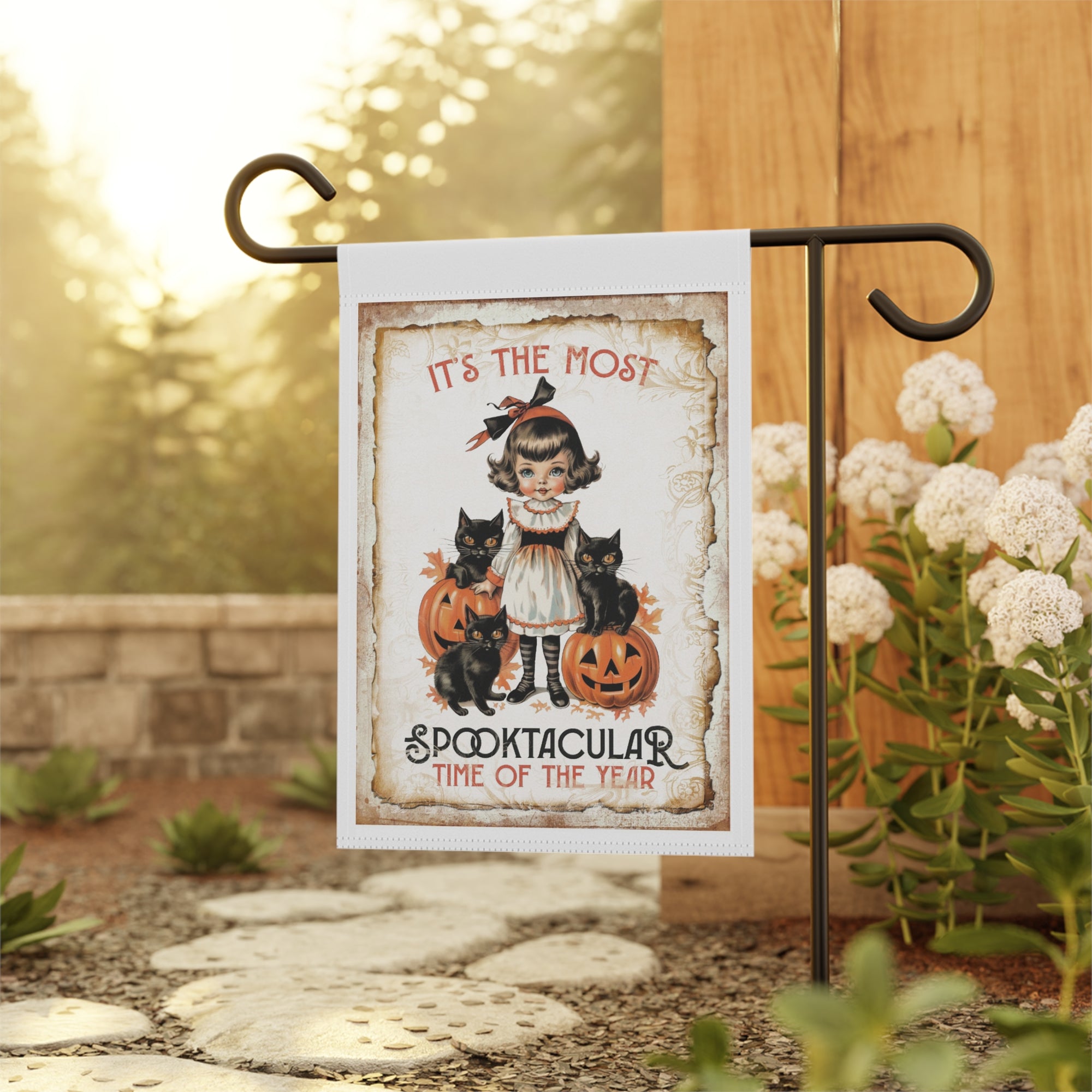 Most Spooktacular Time of Year Garden Flag 12x18 – Vintage Girl Black Cat Yard Decor