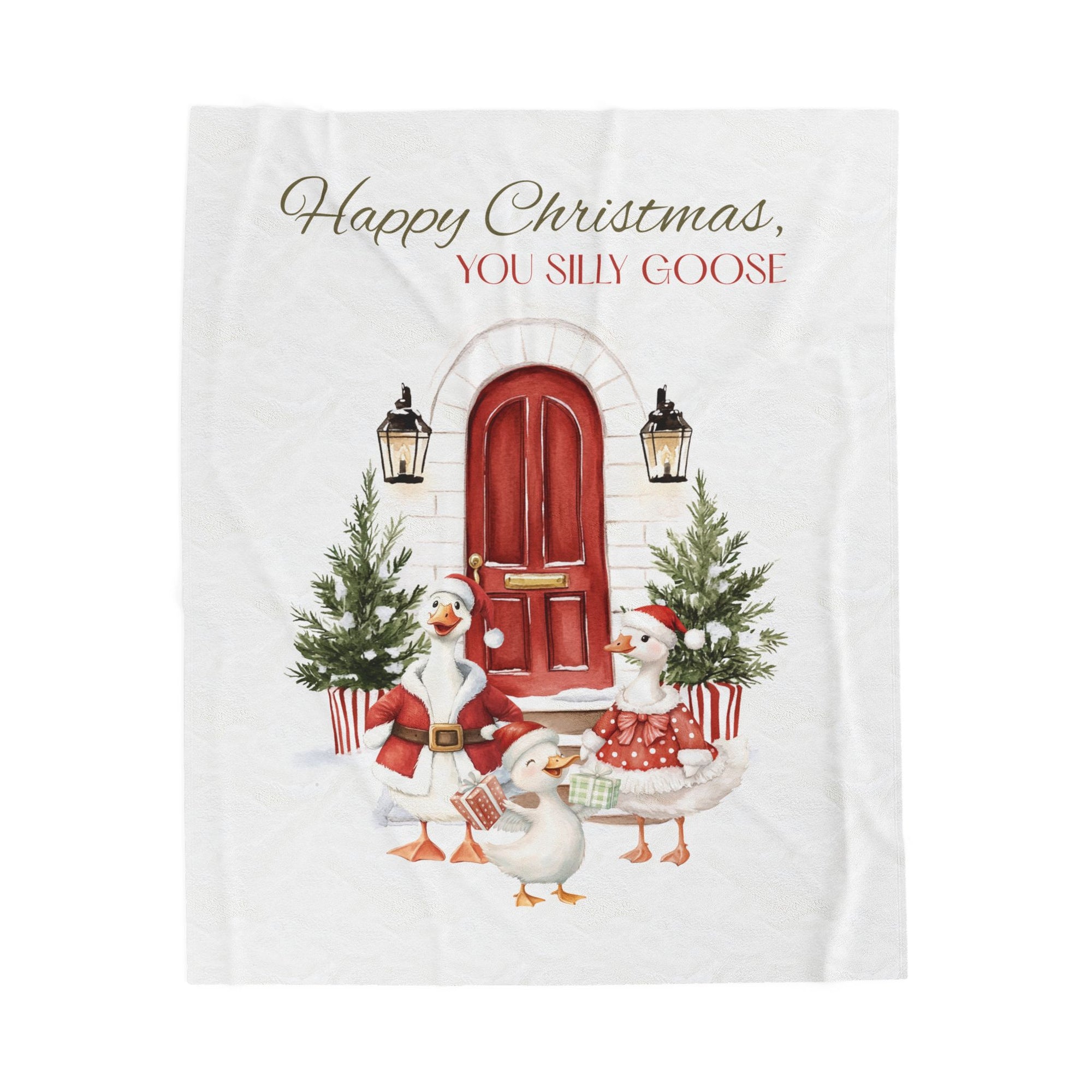Christmas-themed blanket with geese in front of a red door, decorated with trees and gift boxes.