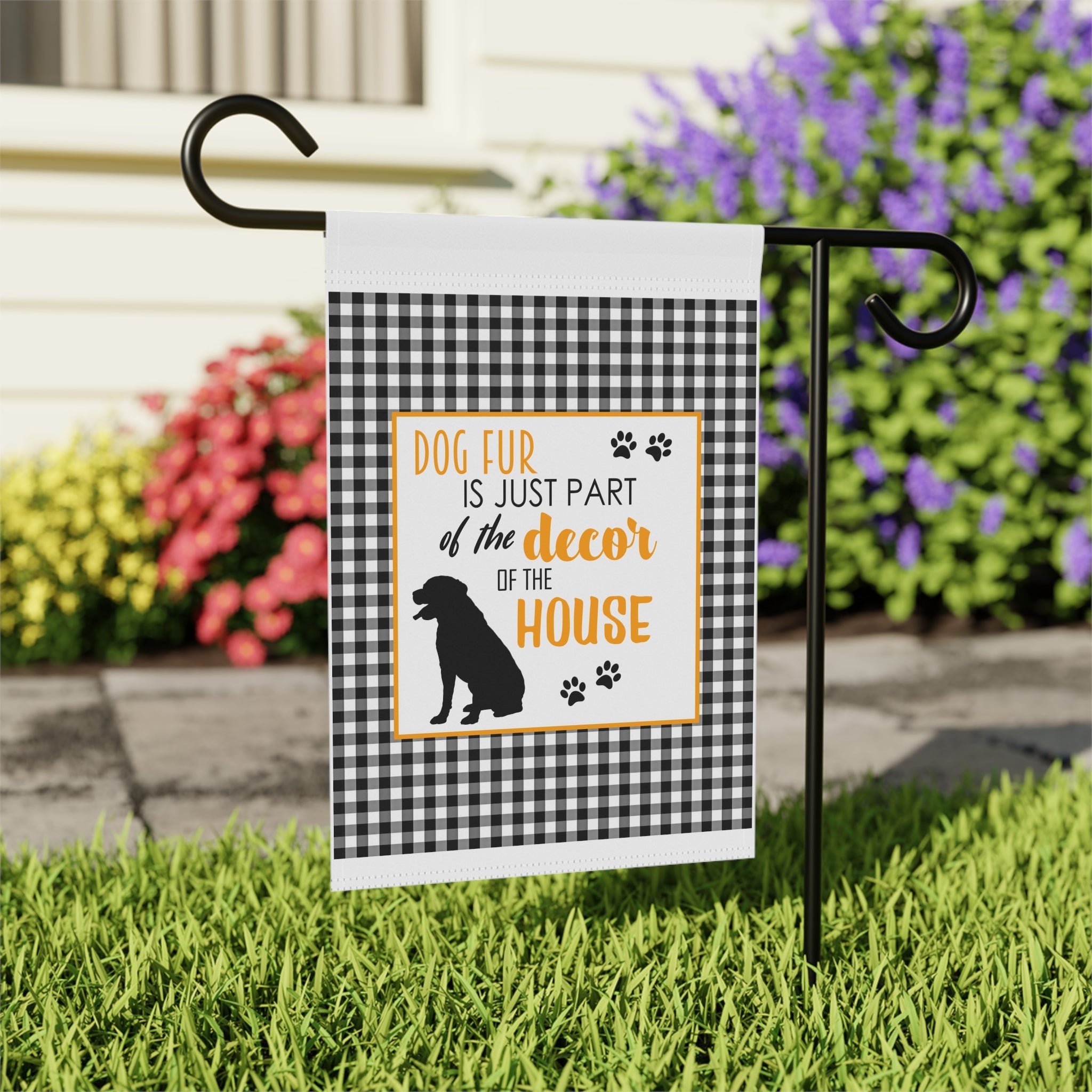 Close-up of Dog Fur Part of Decor garden flag with checkered pattern detail