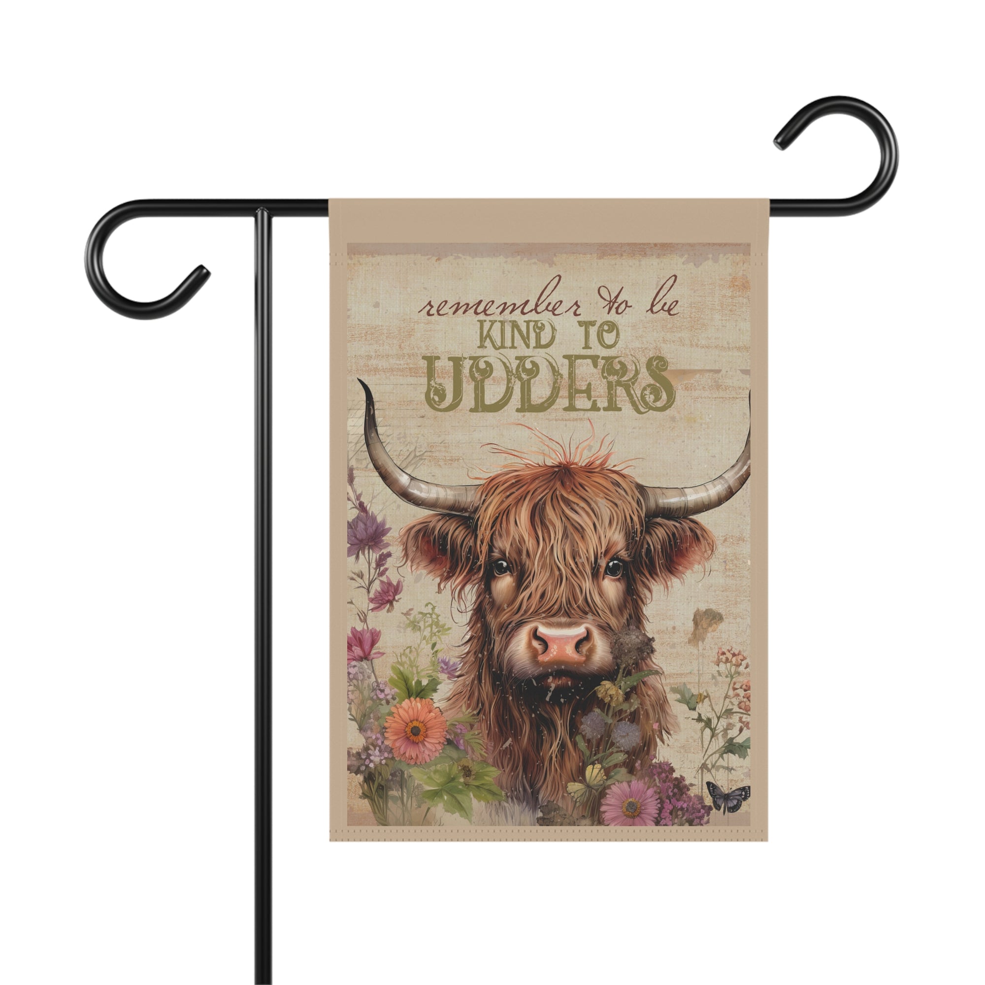 Be Kind To Udders highland cow garden flag with watercolor florals and punny typography