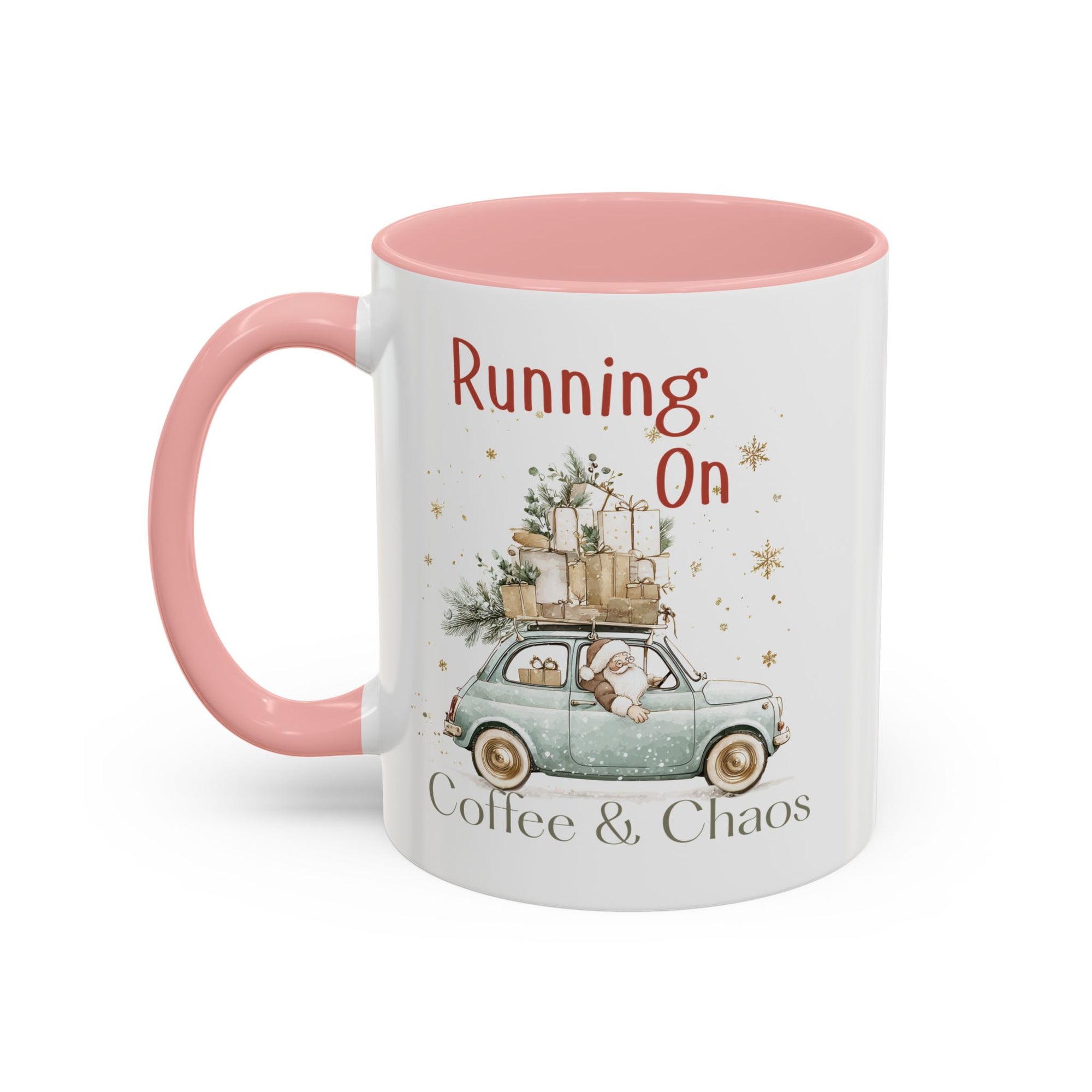 Mug with pink interior and handle, featuring a car illustration and text 'Running On Coffee & Chaos' on a white background.