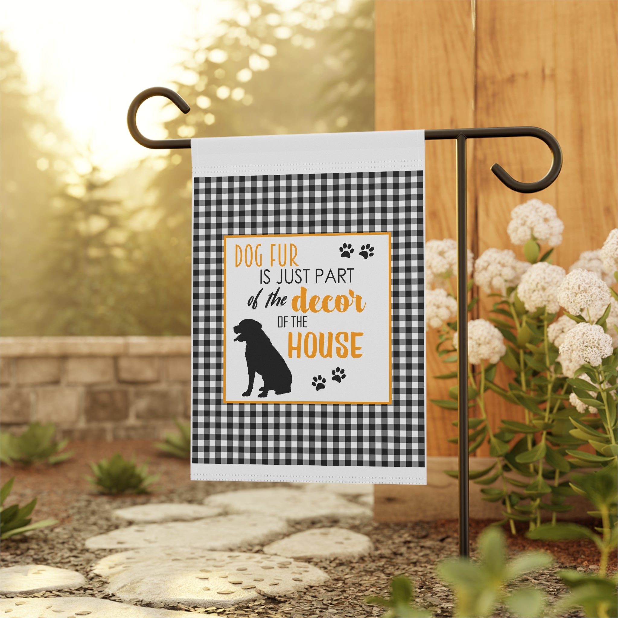Funny dog mom gingham garden flag displayed outdoors on a porch flag stand