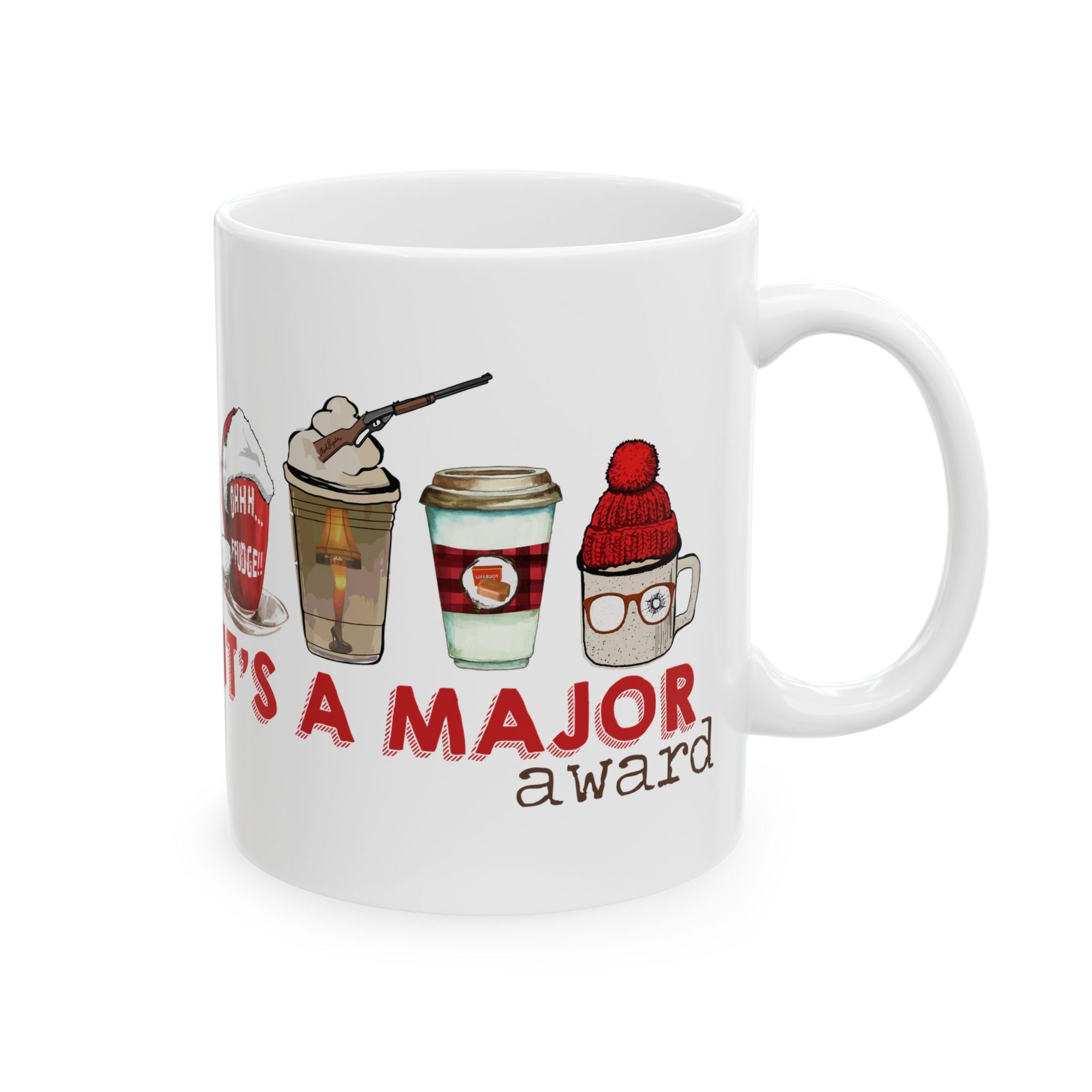 White mug with coffee-themed illustrations and text on a white background