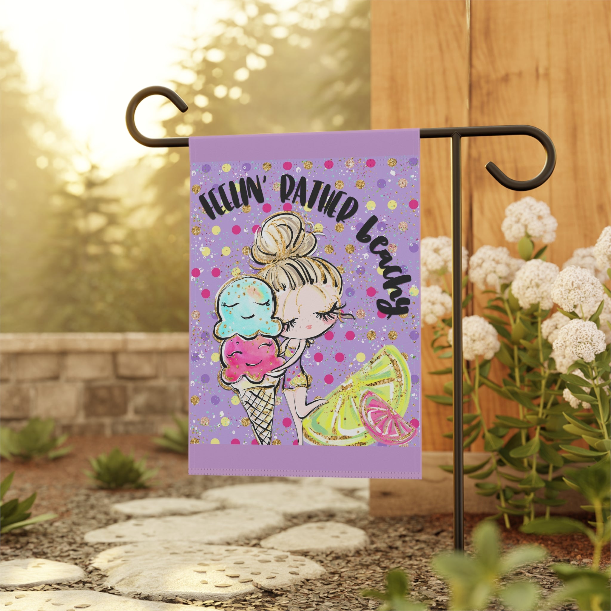 Sassy summer beach garden flag displayed outdoors at a pool party