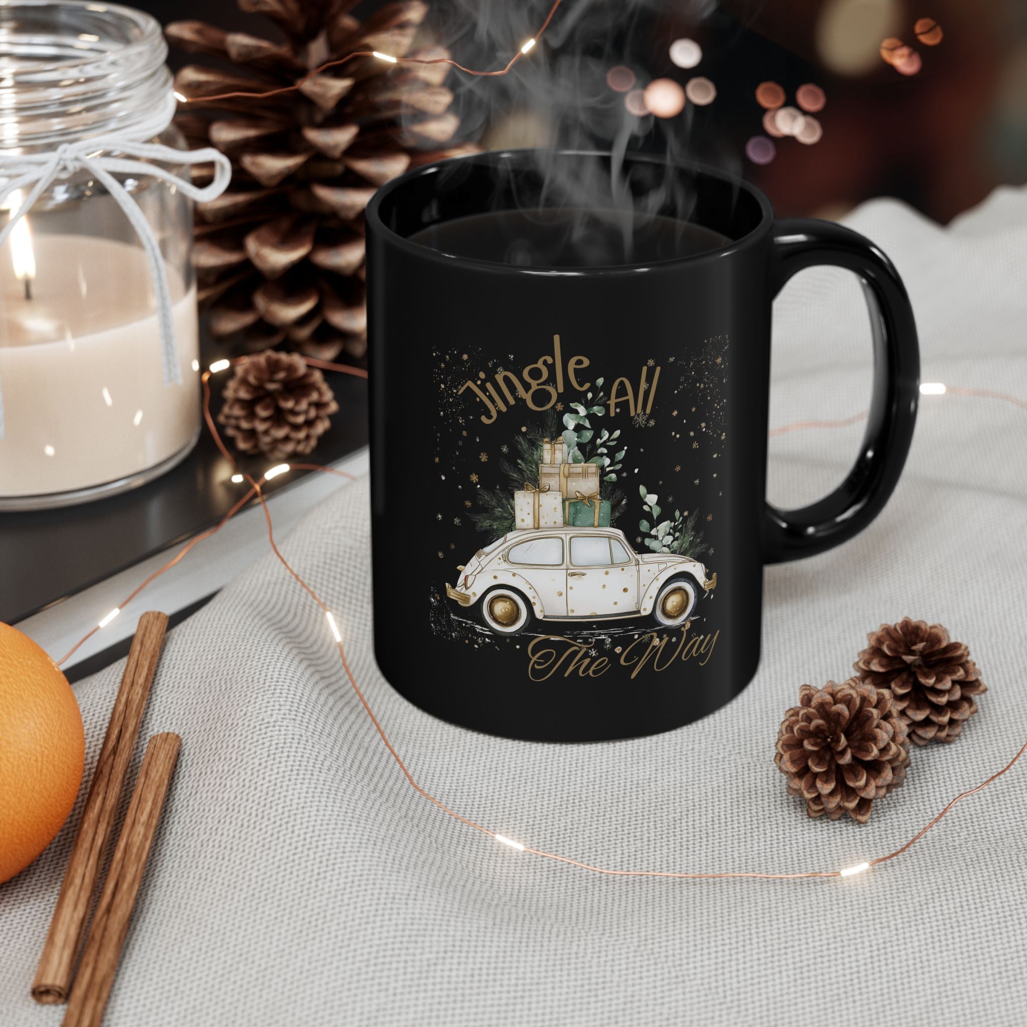 Jingle All The Way Retro Car Delivering Gifts - Black and Gold Mug