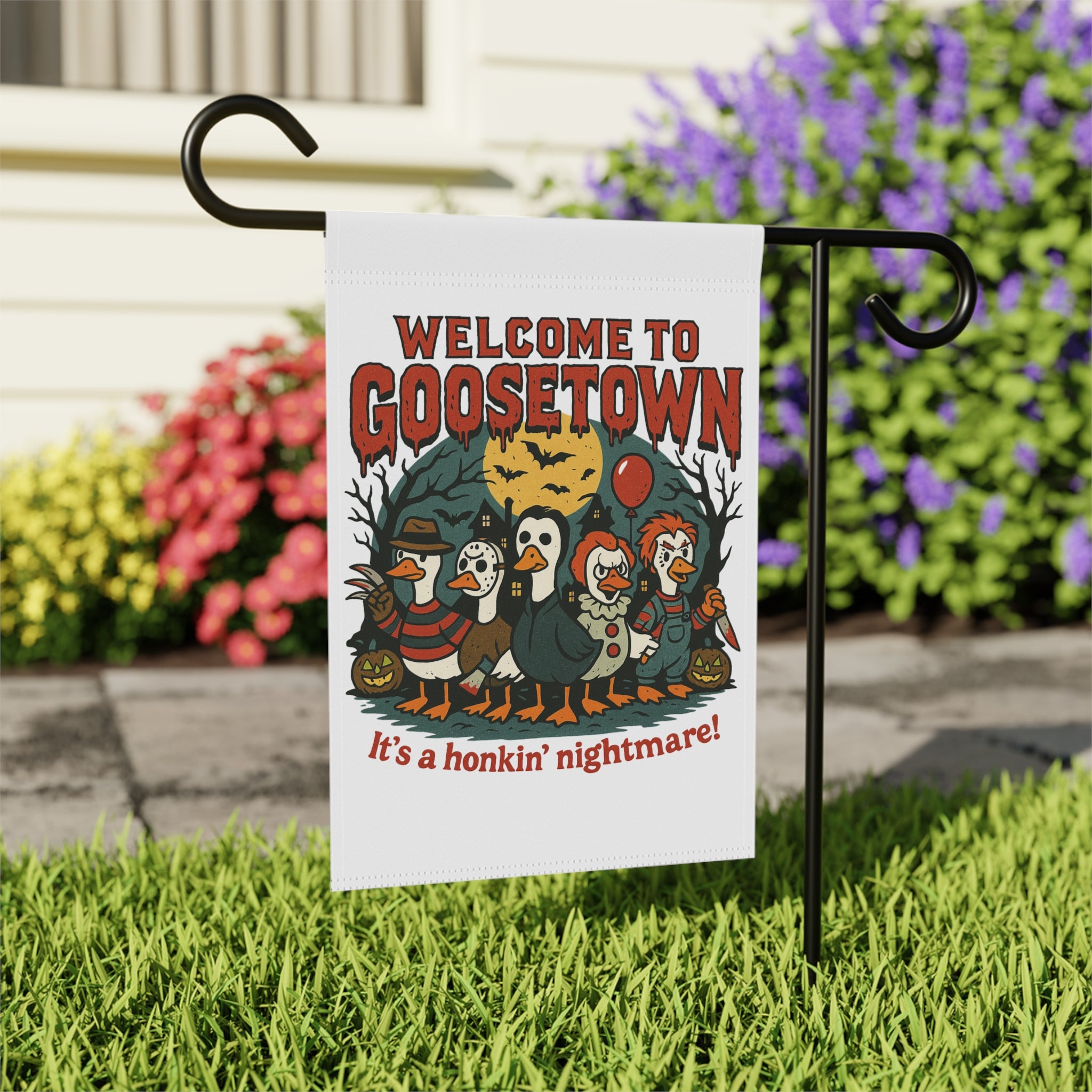 Welcome To Goosetown Nightmare Halloween Garden Flag 12x18 – Funny House Yard Decor