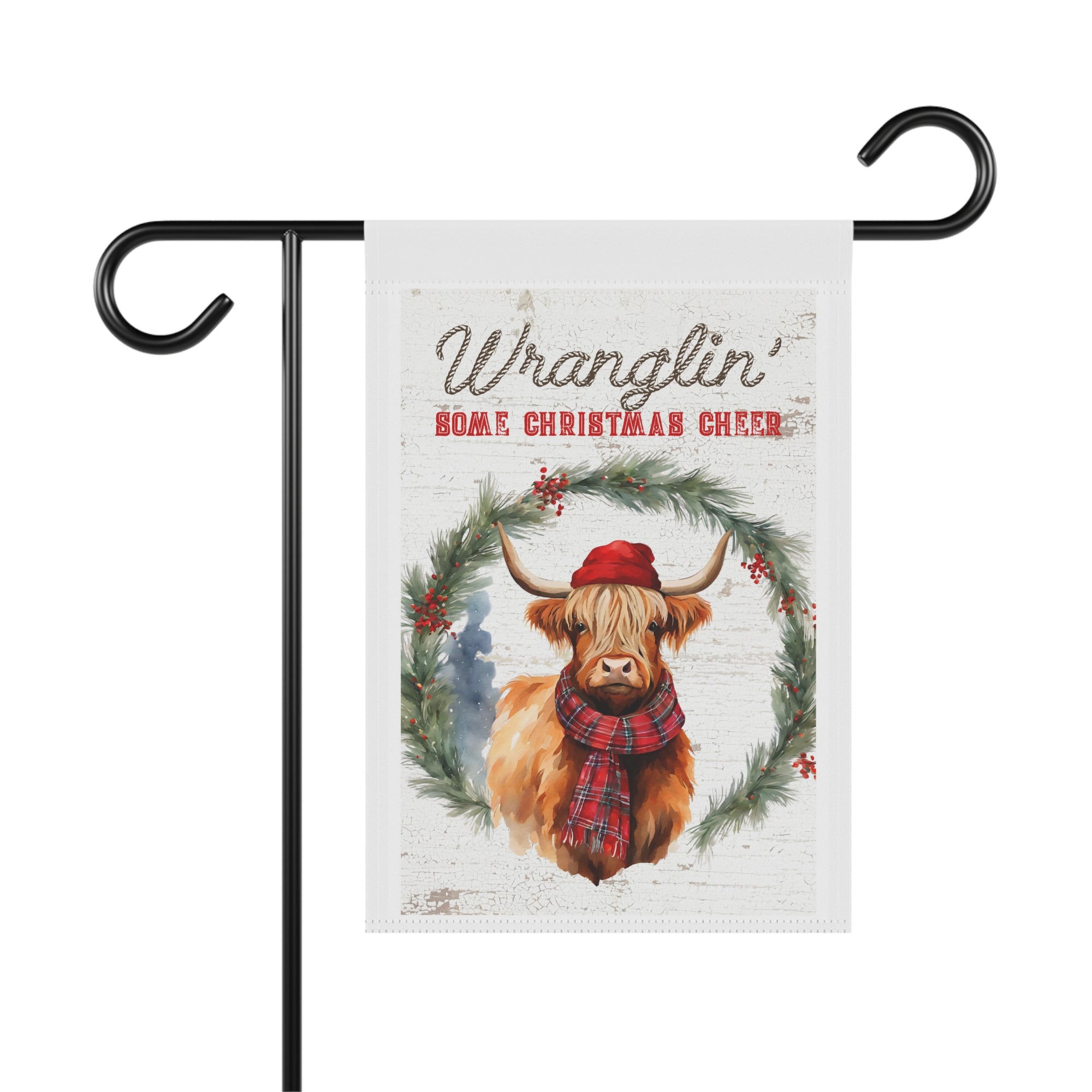 Wranglin' Some Christmas Cheer watercolor Highland cow garden flag, 12x18 winter yard decor