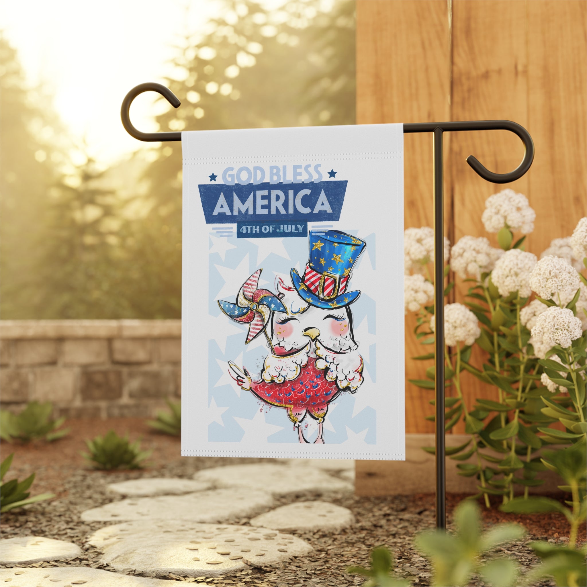 Liberty Chicken farmhouse garden flag displayed outdoors on a flag stand