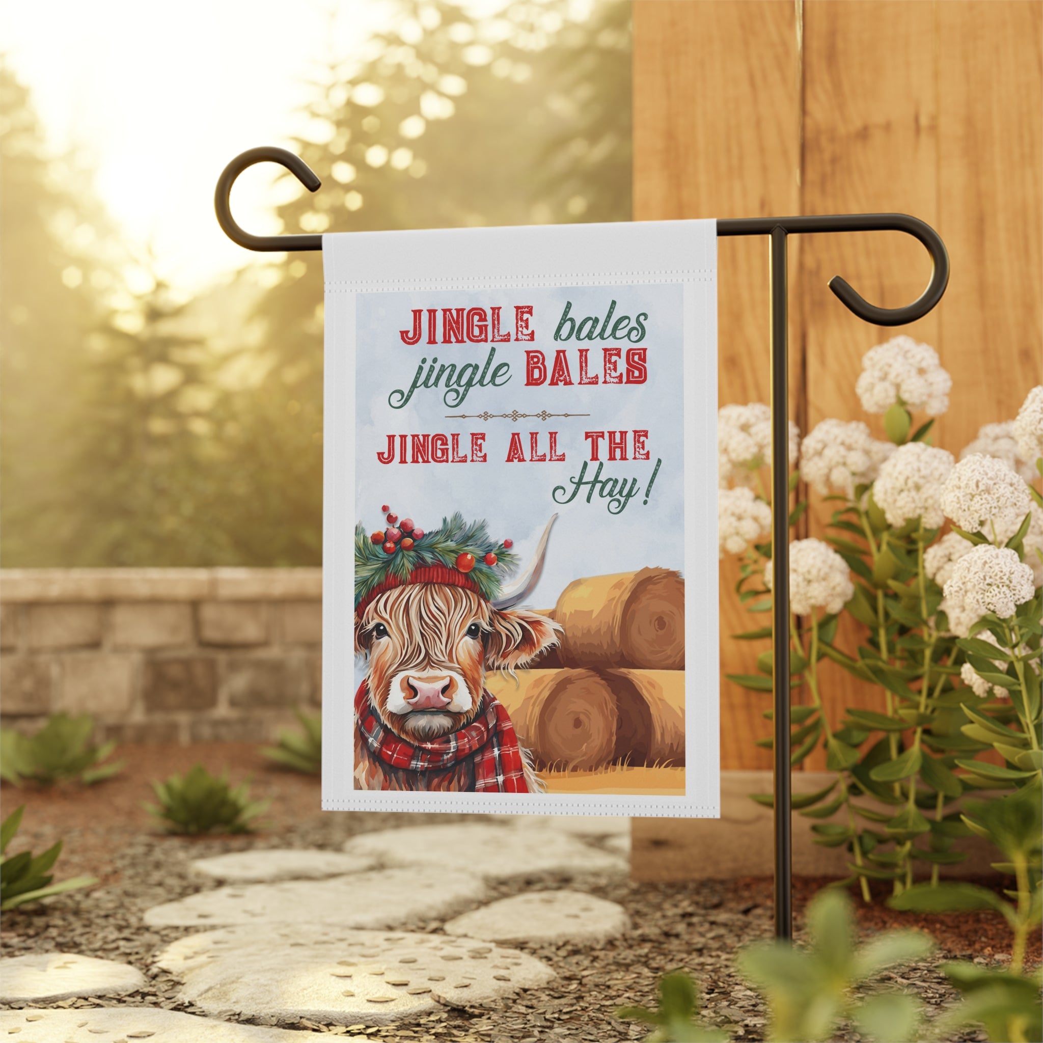 Jingle Bales All the Hay Christmas Highland Cow Garden Flag 12x18 House Yard Decor