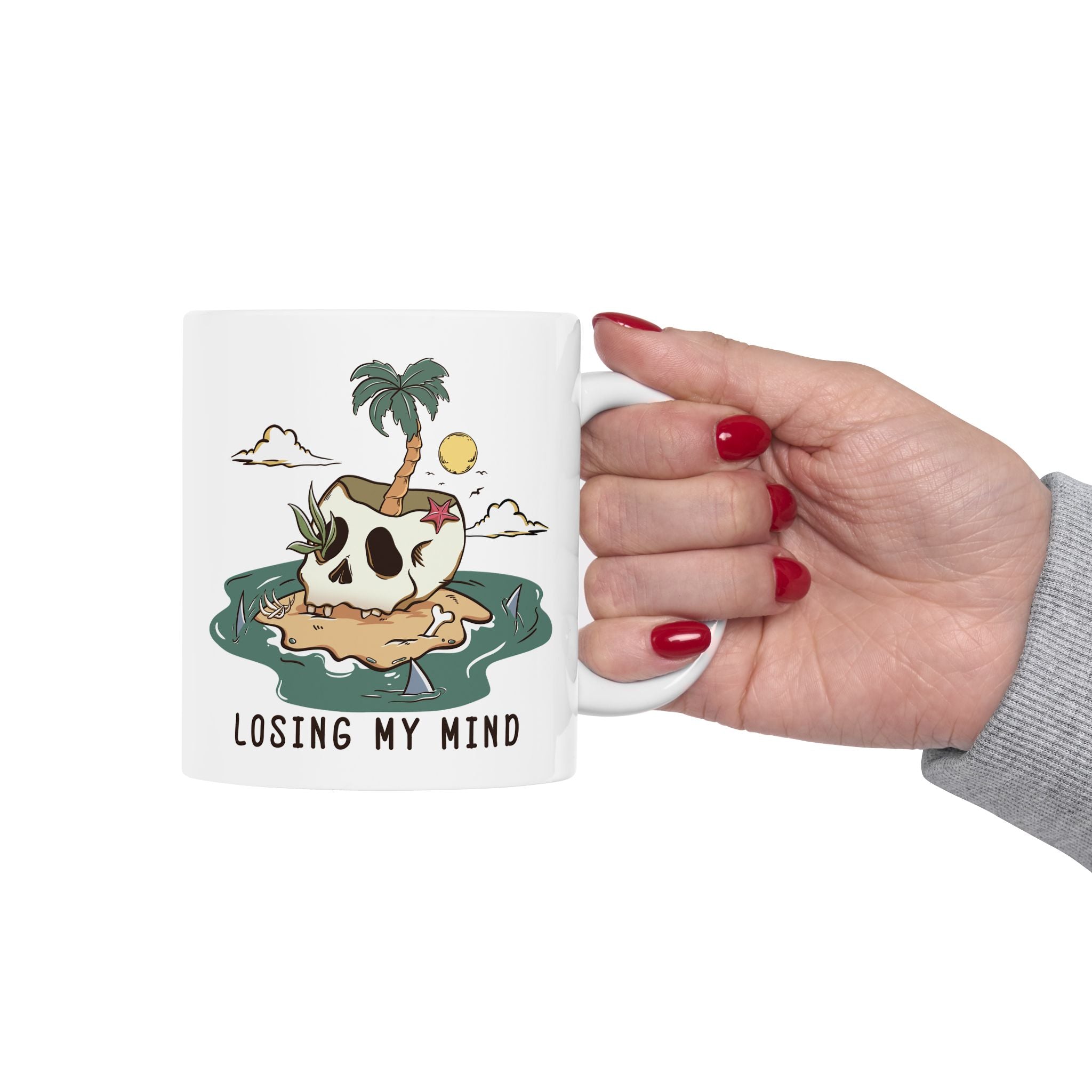 'Losing My Mind' Dark Humor Skeleton Beach Themed Coffee Mug (11oz, 15oz)