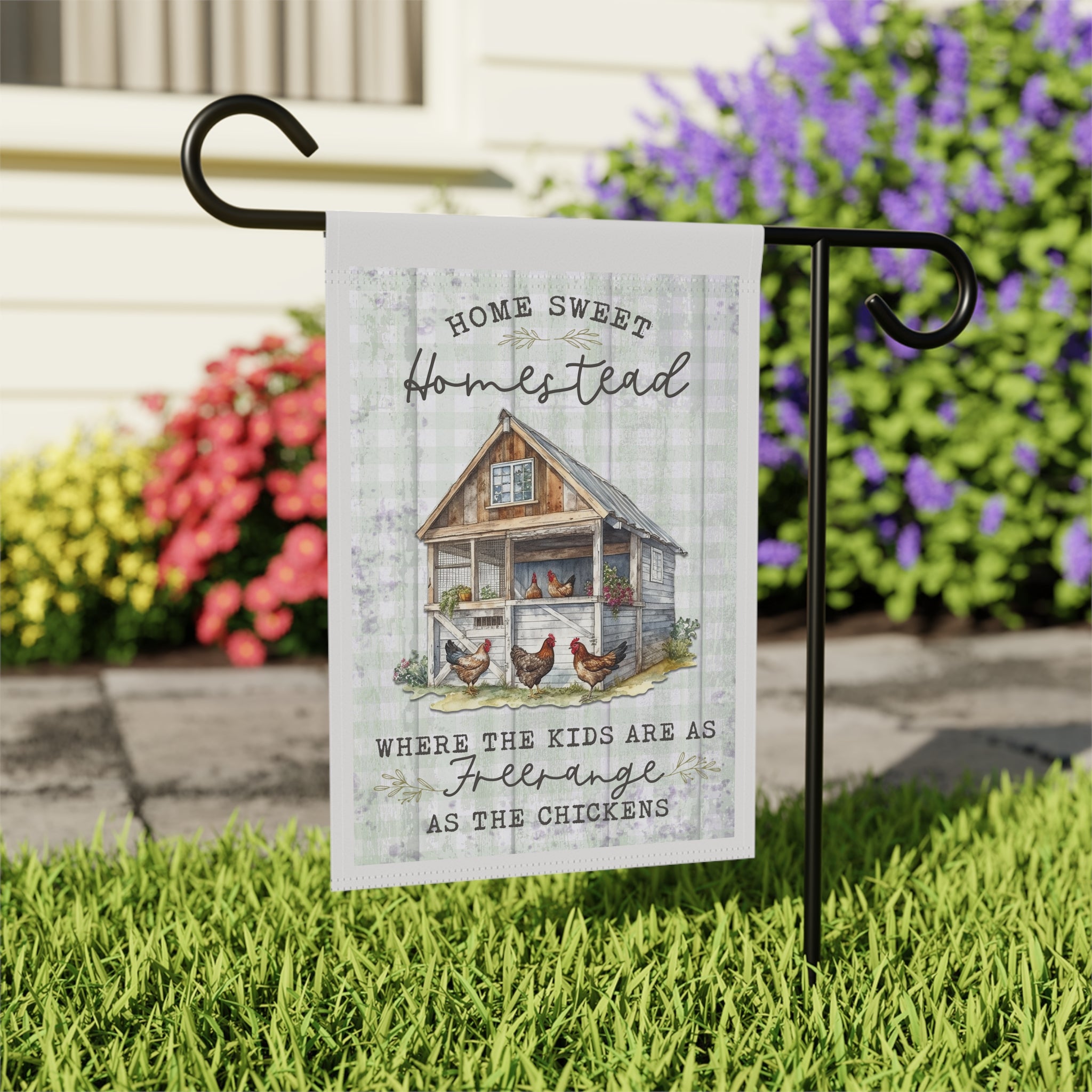 Close-up of Home Sweet Homestead garden flag with chicken farmhouse design detail