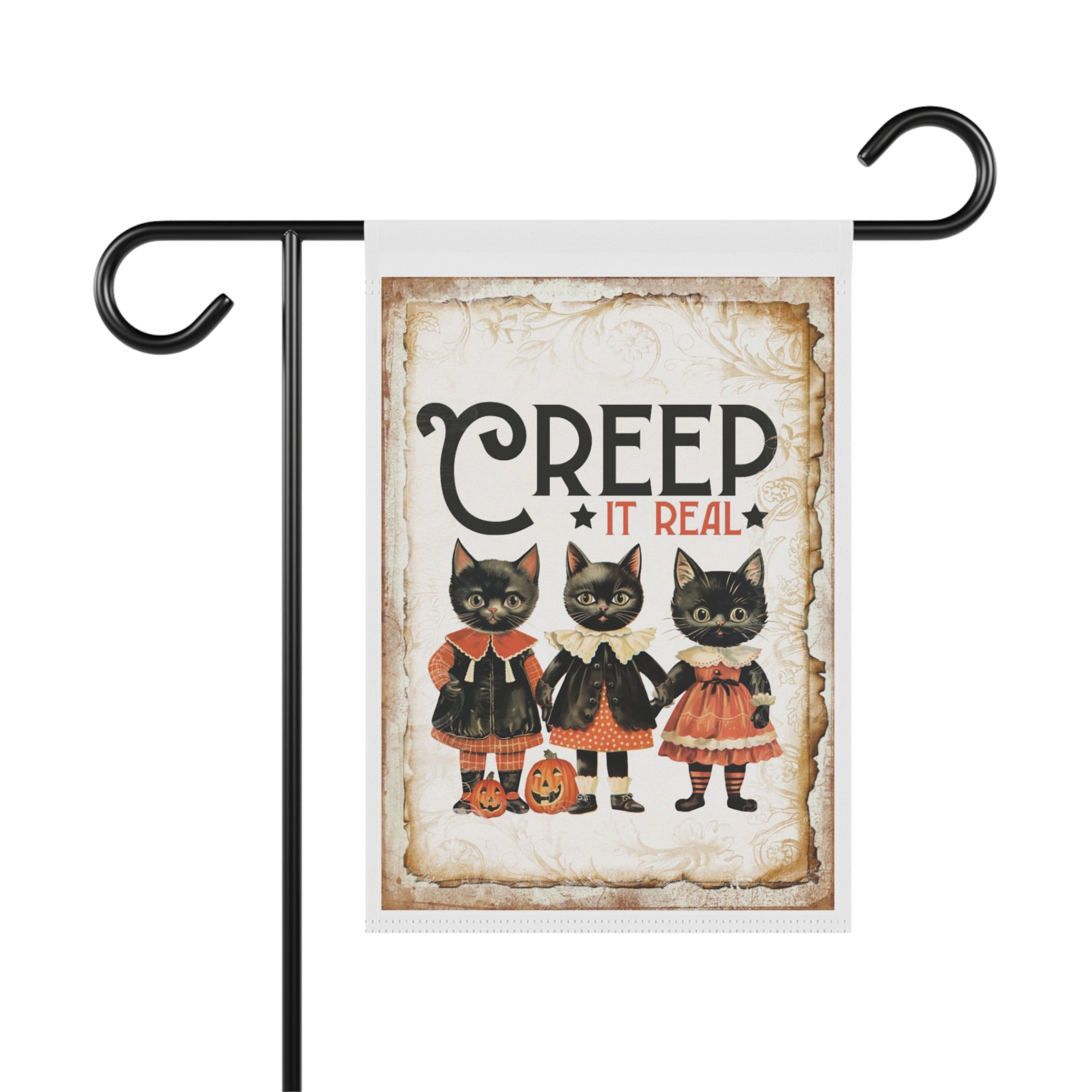 Creep It Real vintage black cat Halloween garden flag, 12x18 yard decor