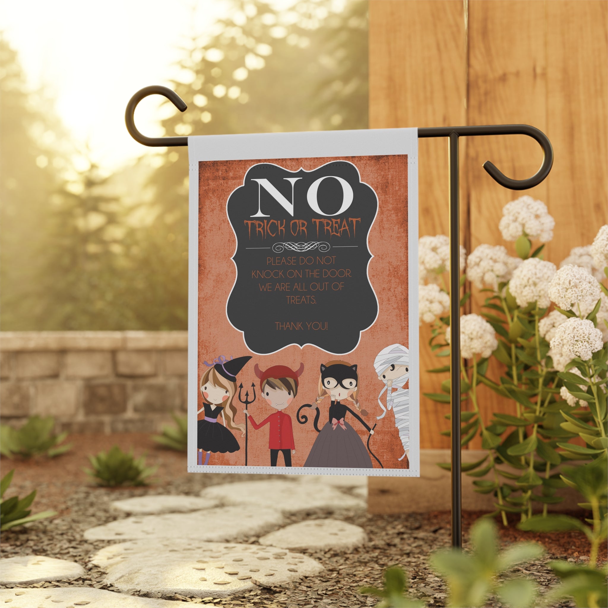 No Trick or Treat Halloween Garden Flag 12x18 – Cute Out of Candy Yard Decor