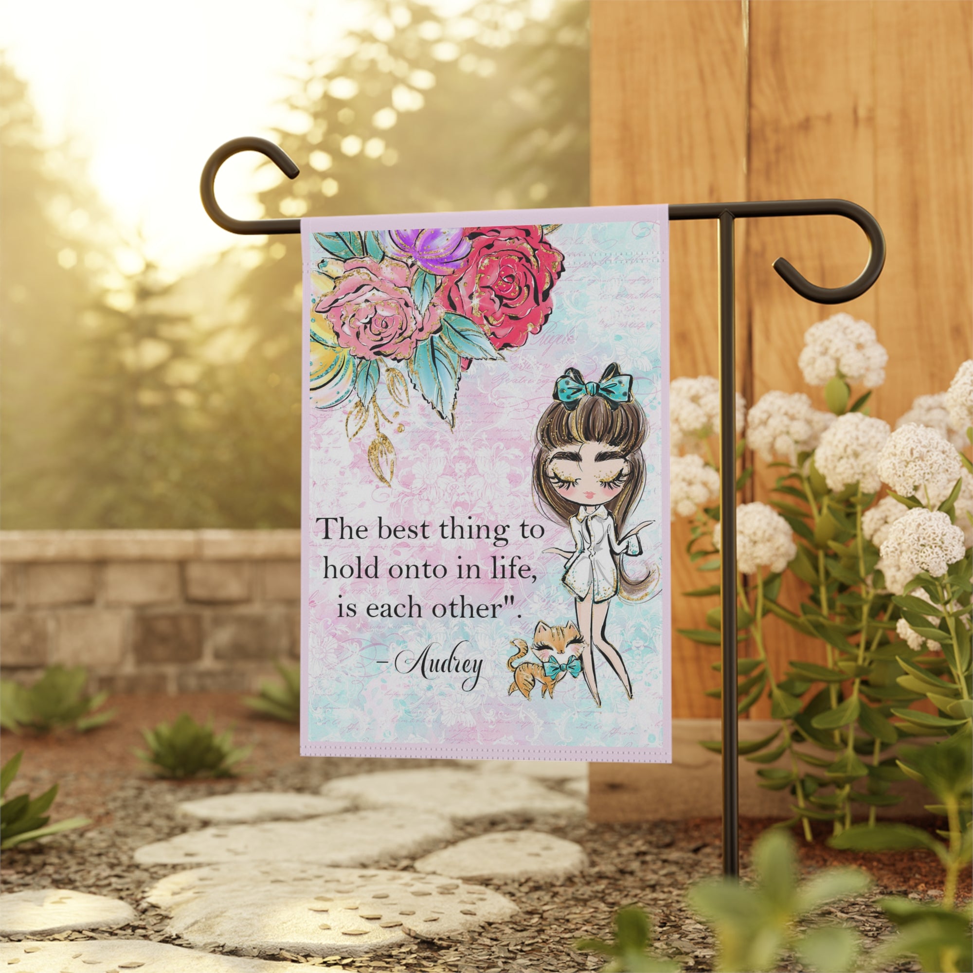 Beautiful Vintage Audrey Girl Quote Garden Flag 12x18 – Watercolor Blue Box Cat Yard Decor