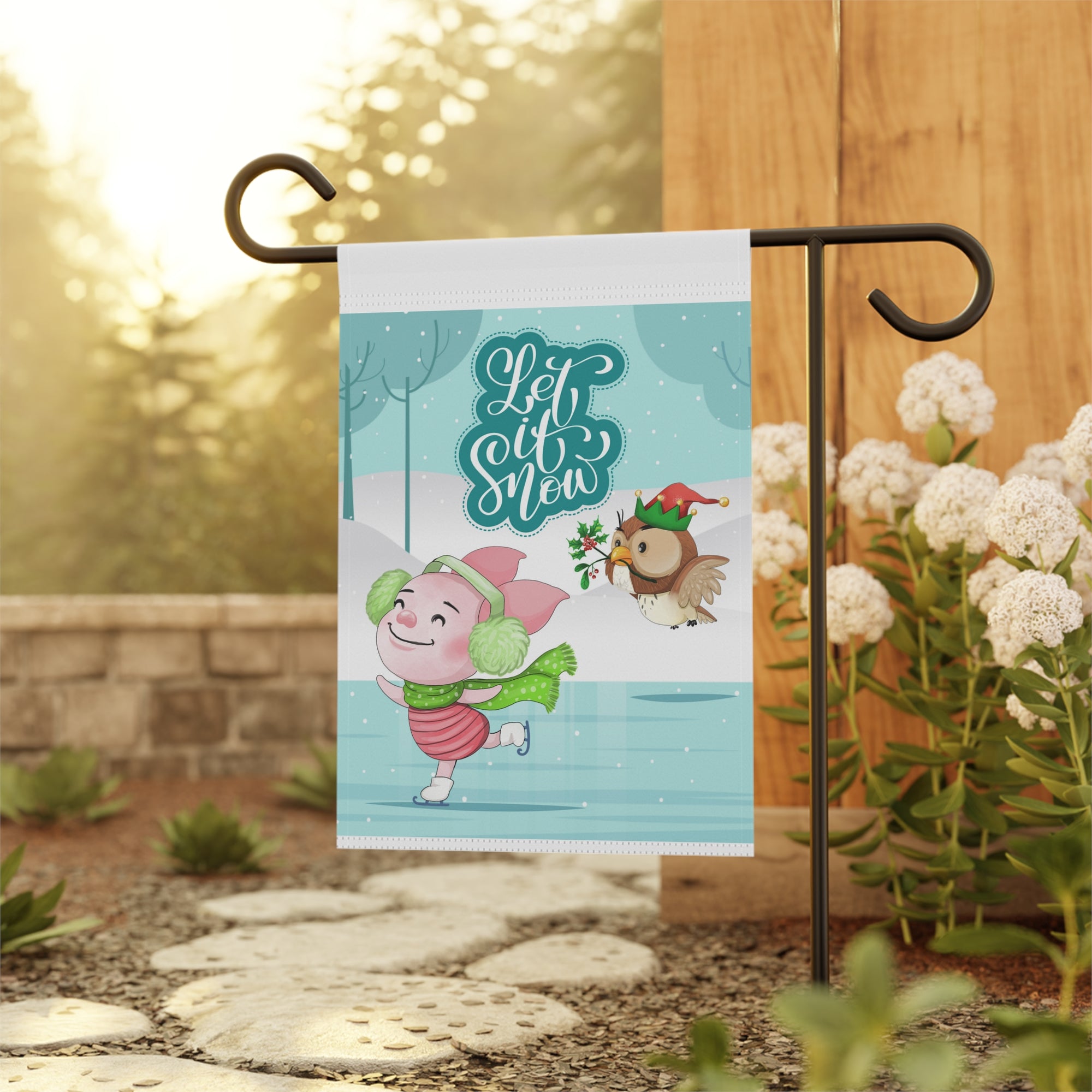 Let It Snow Ice Skating Garden Flag 12x18 – Cute Cartoon Winter House Yard Decor