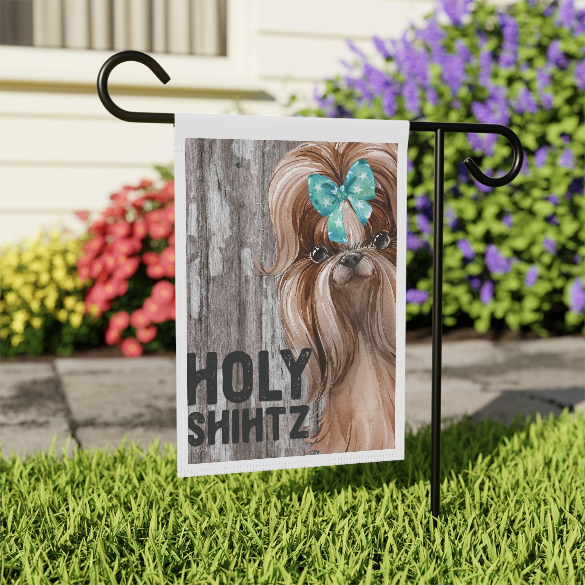 Close-up of Holy Shihtz Shih Tzu garden flag with watercolor detail
