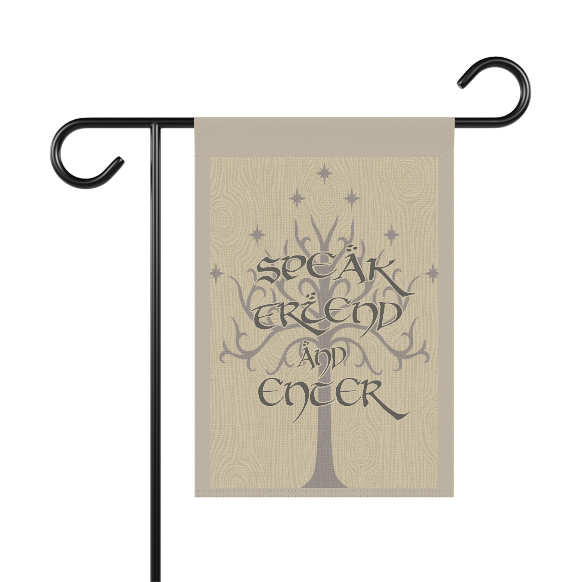 Speak Friend and Enter Elvish quote garden flag with wood-look fantasy book design
