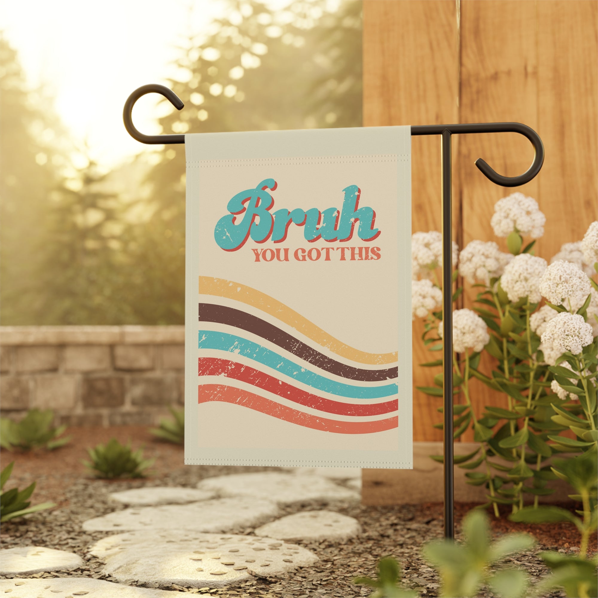 Gen Z motivational garden flag displayed outdoors on a teen porch flag stand