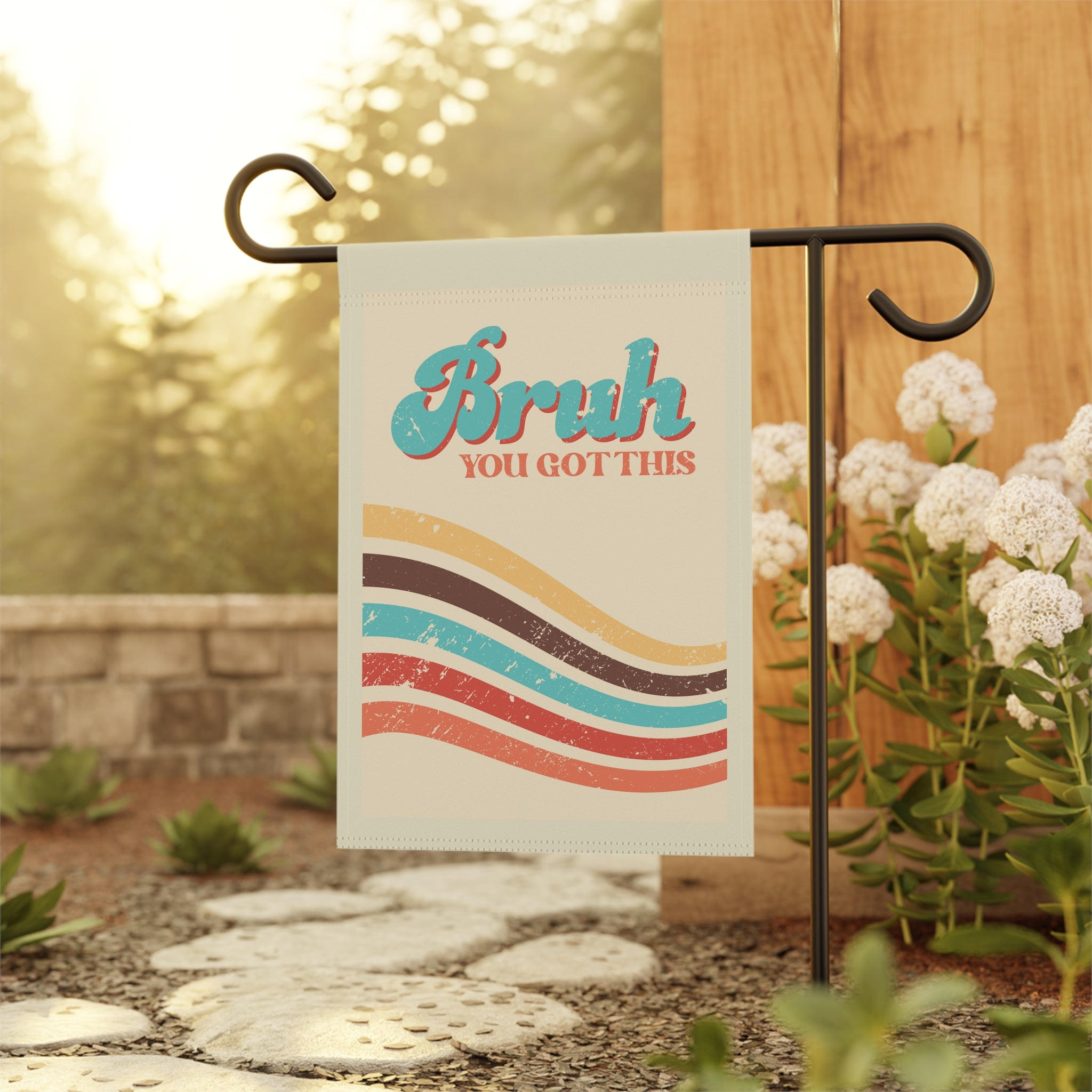 Gen Z motivational garden flag displayed outdoors on a teen porch flag stand