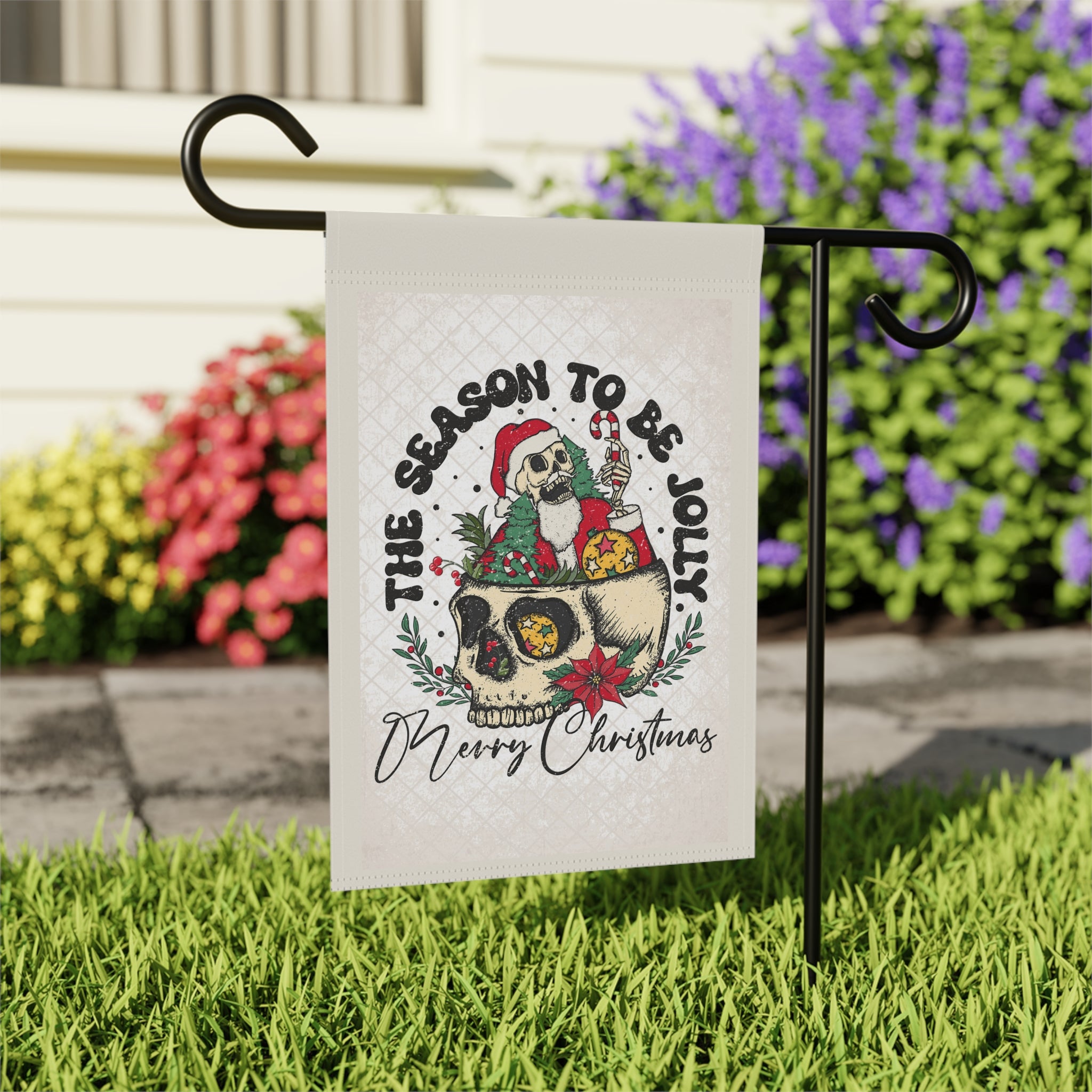 The Season To Be Jolly Merry Christmas Skeleton Garden Flag 12x18 Sarcastic Winter Yard Decor