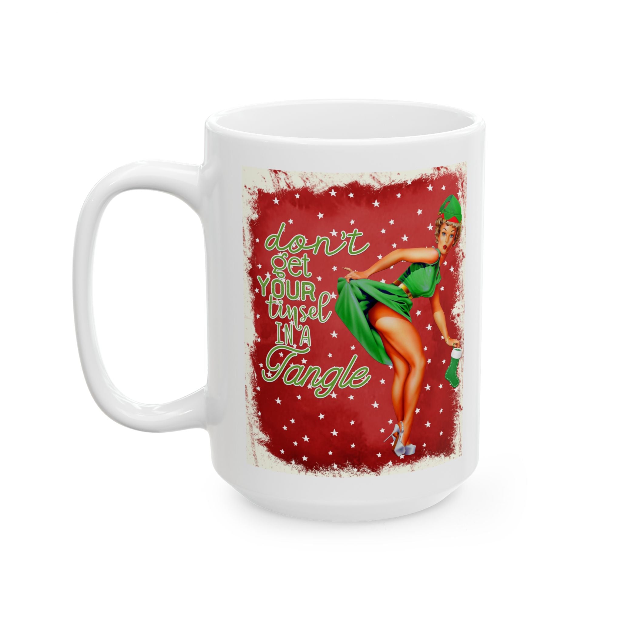 Don't Get Your Tinsel In A Tangle – Funny Vintage Christmas Pinup Mug (11oz, 15oz)