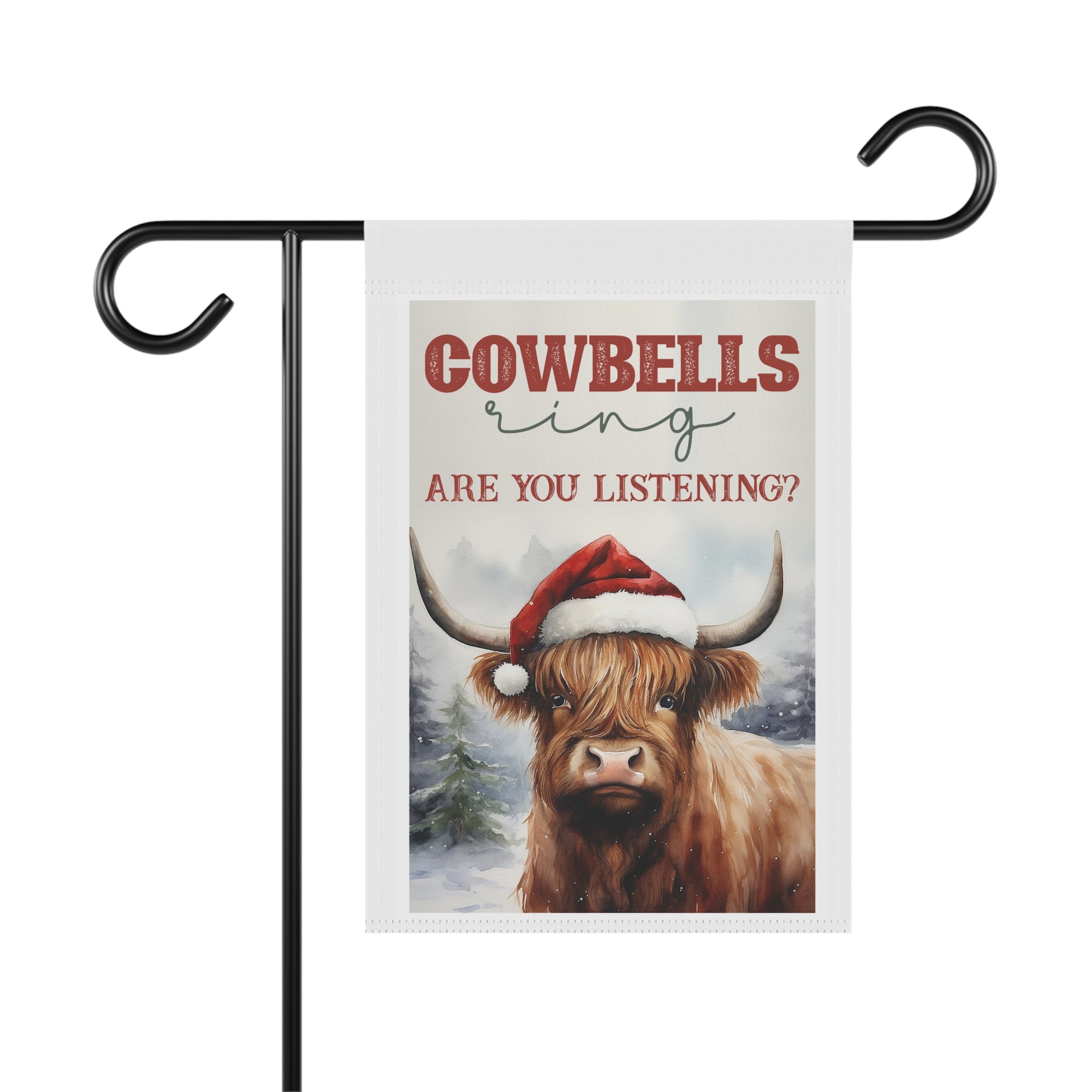 Cowbells Ring Are You Listening watercolor Highland cow Christmas garden flag, 12x18 winter yard decor