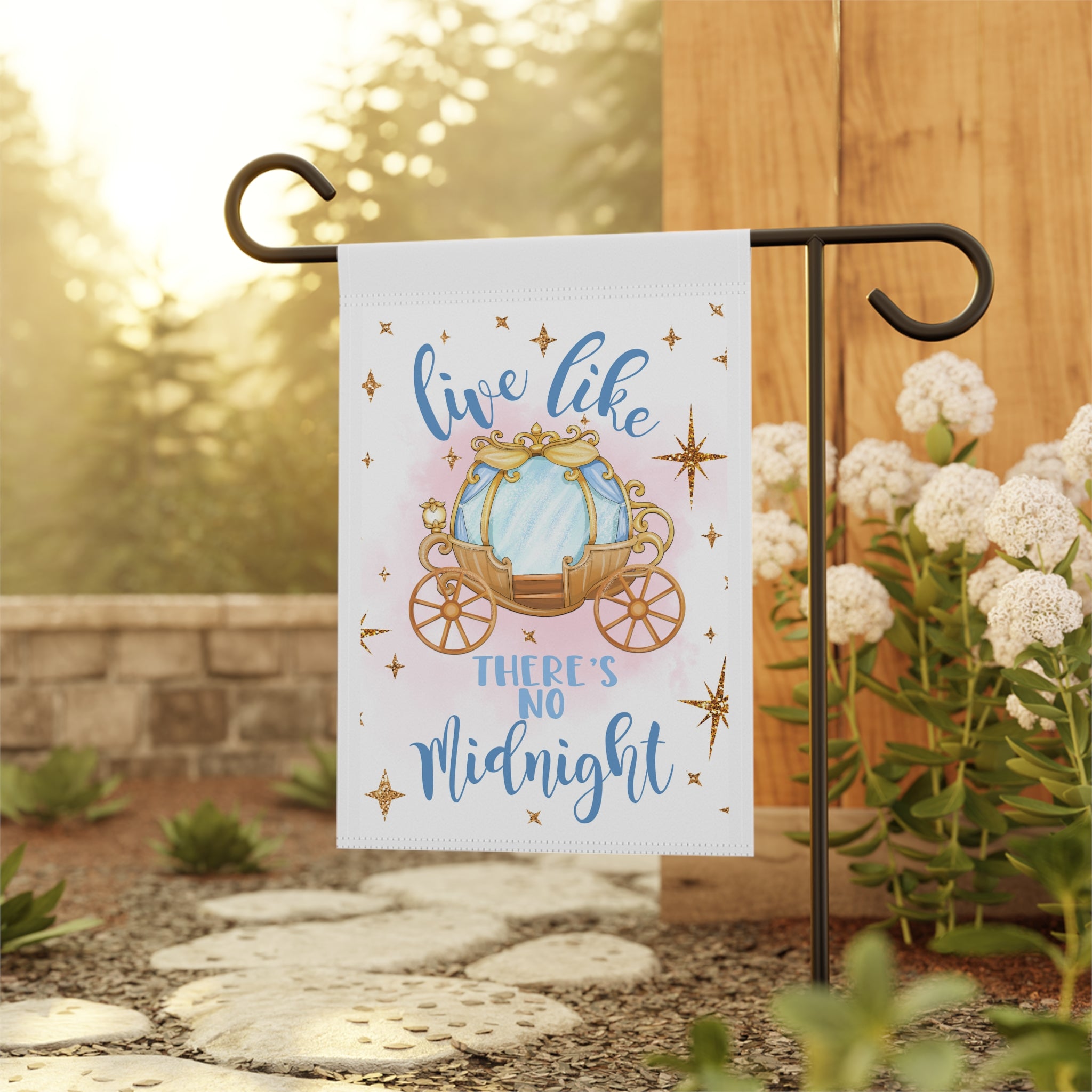 Live Like There's No Midnight Garden Flag 12x18 – Fairytale Horse Carriage Yard Decor