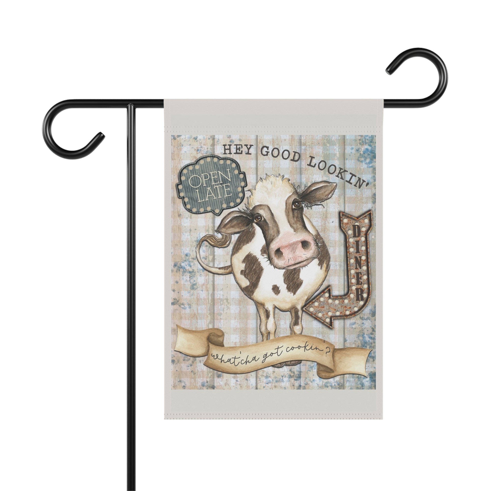 Hey Good Lookin' Whatcha Got Cookin' vintage diner cow garden flag with kitchen charm