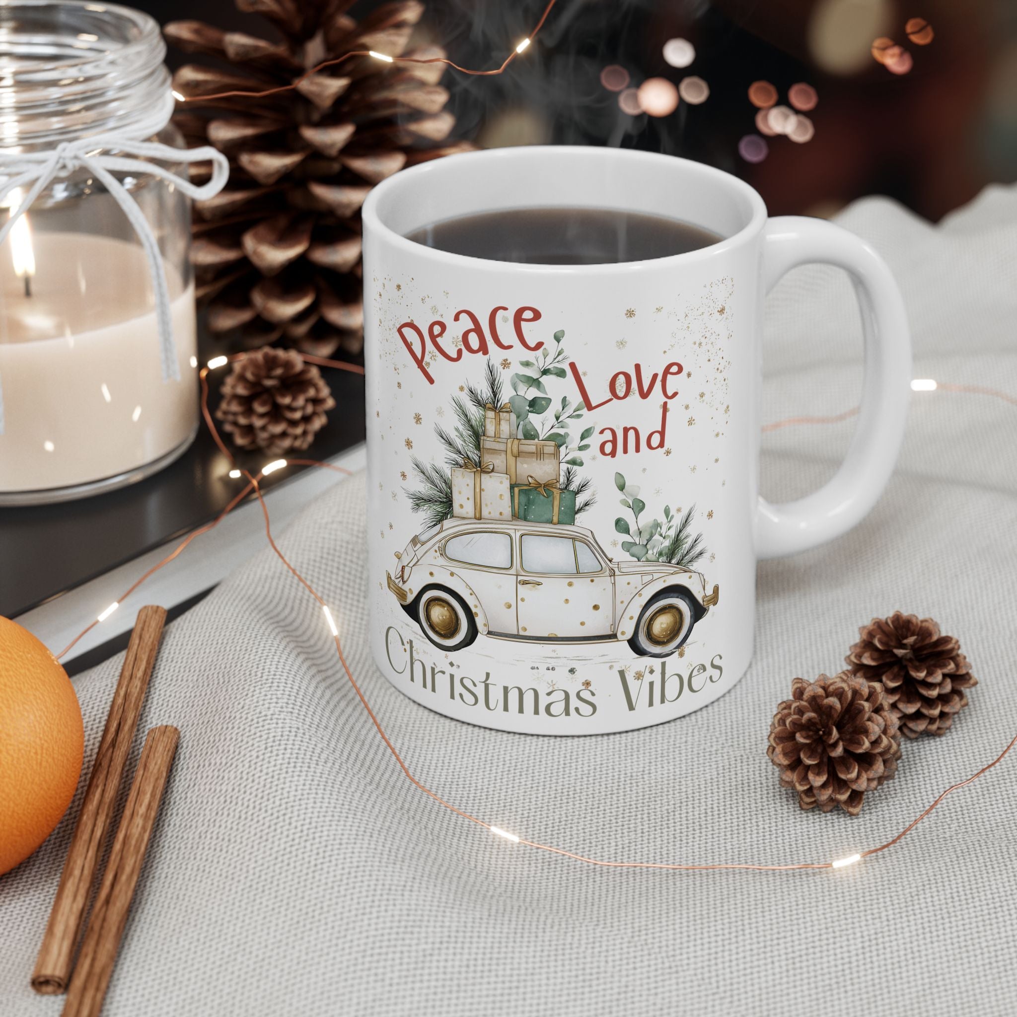 Peace Love and Christmas Vibes Holiday Mug Ceramic Coffee Cup (11oz/15oz)